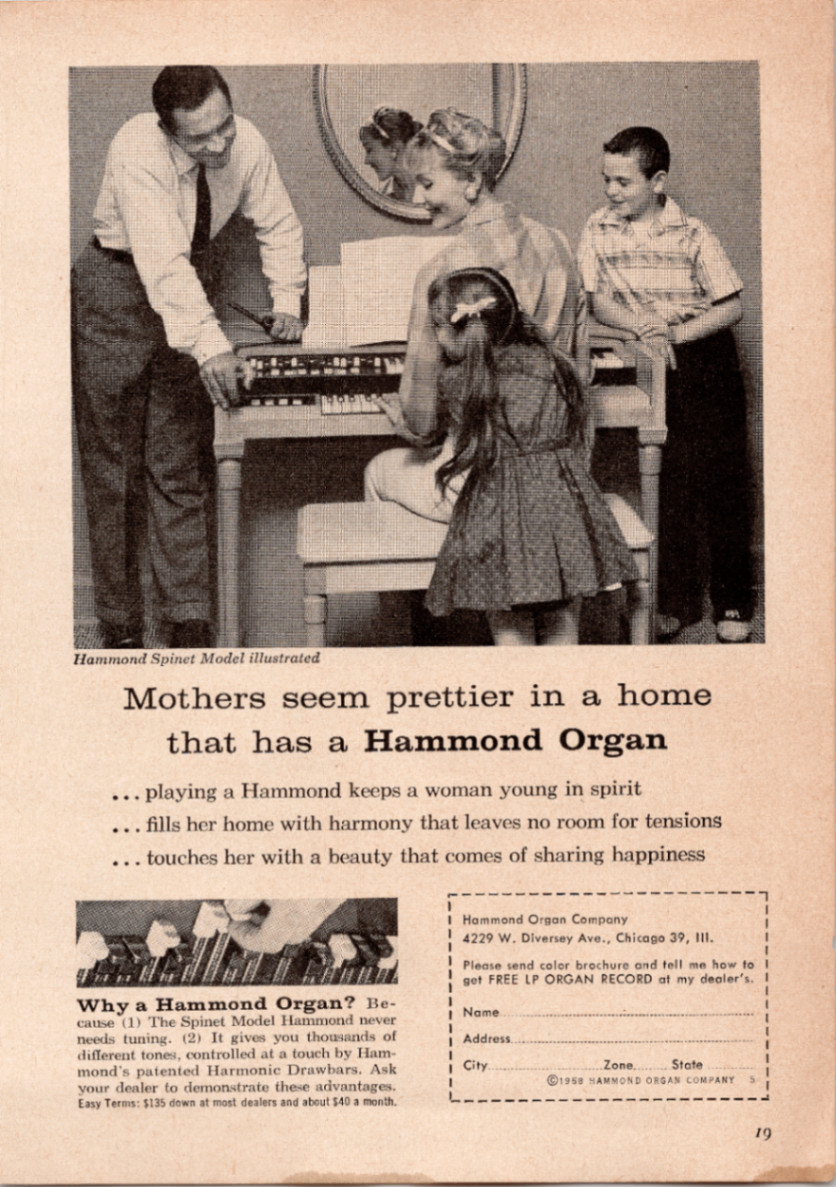 1958 Hammond Spinet Organ Vintage Print Ad Mid-Century Modern Family Music Decor
