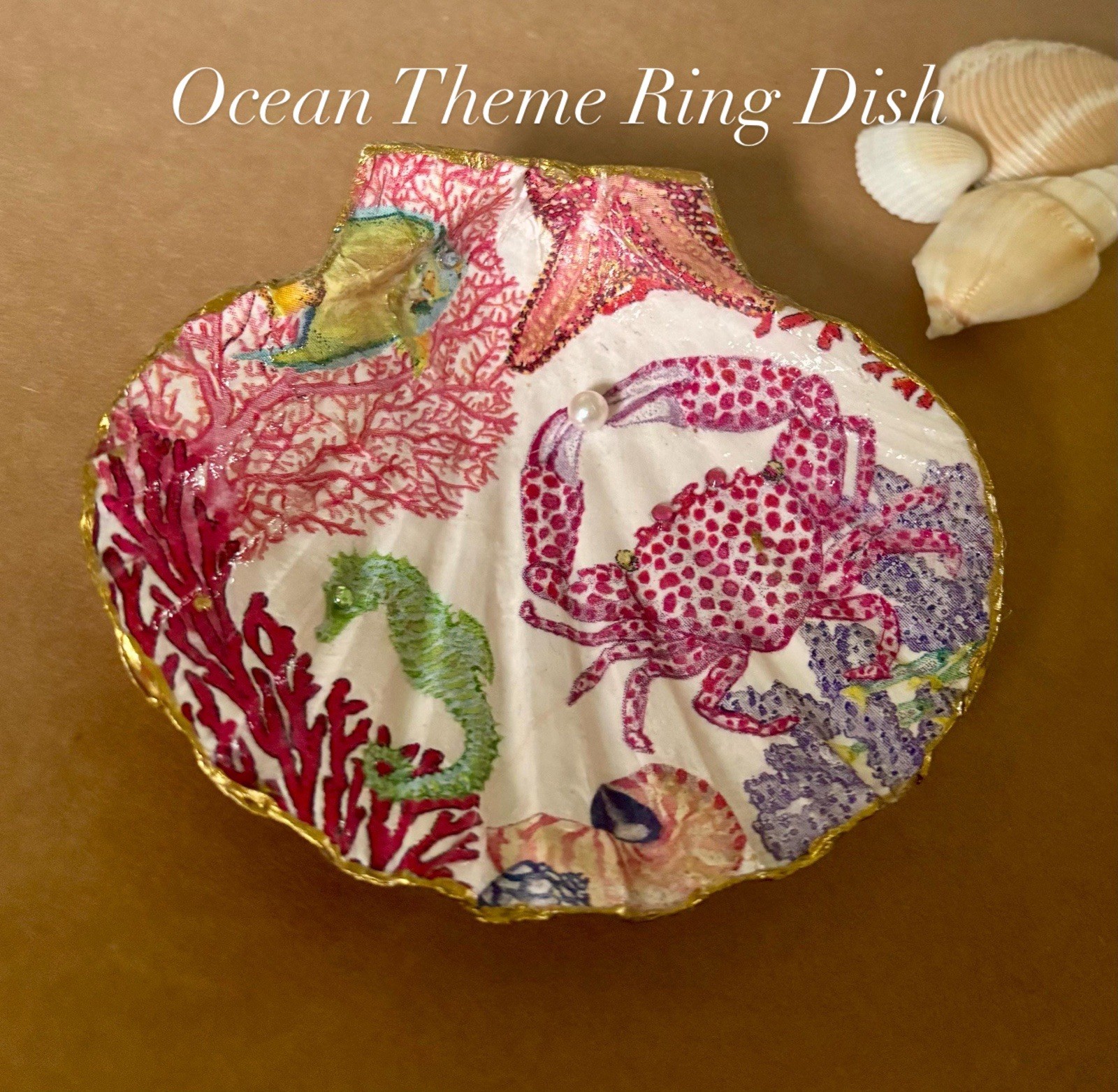 Sea Life Trinket/Ring Dish, Decoupaged Shell, Rhinestones, Pearl Beach Decor