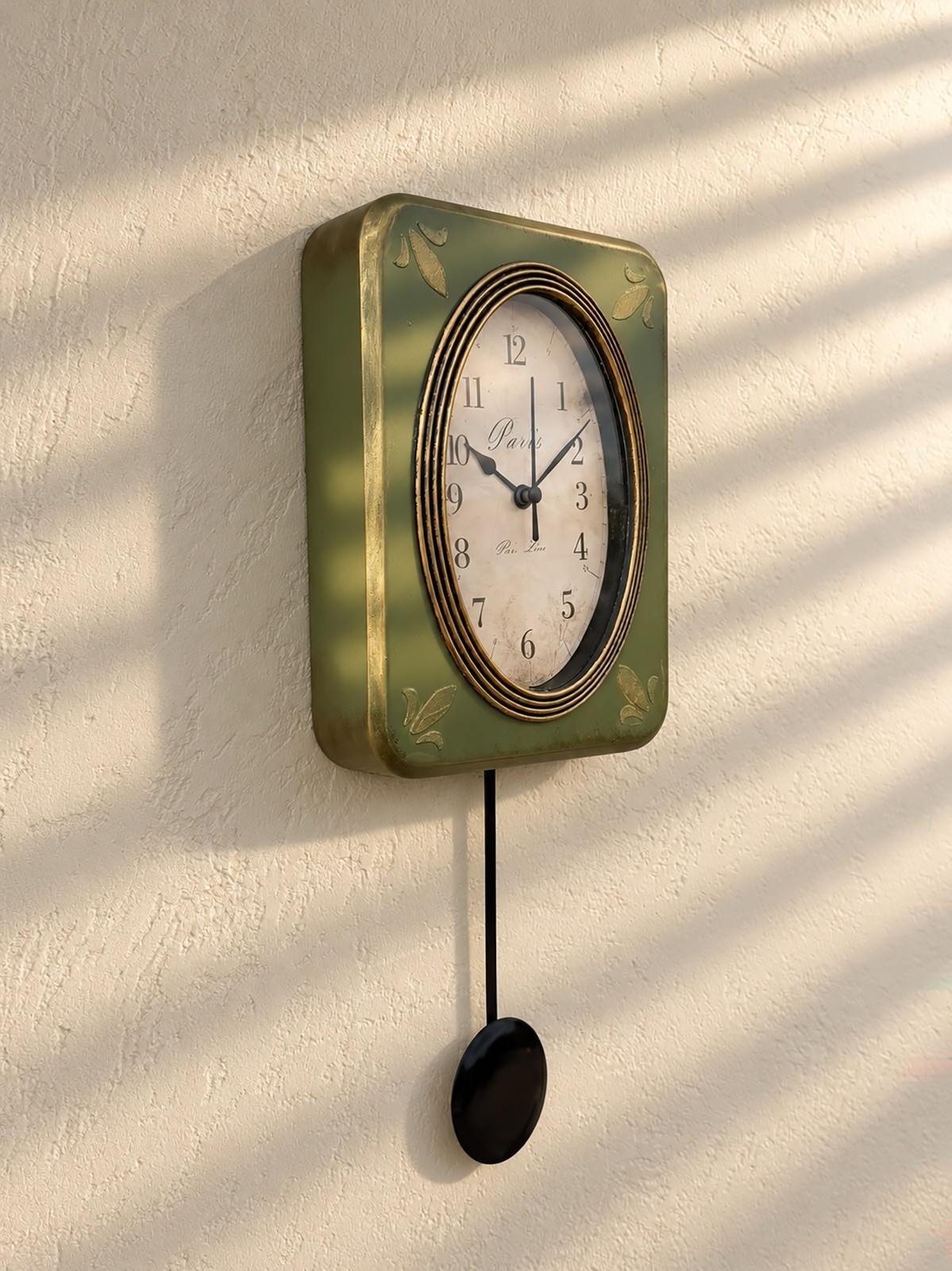Vintage Olive Green Wood Pendulum Wall Clock Retro Handmade Quartz Decor