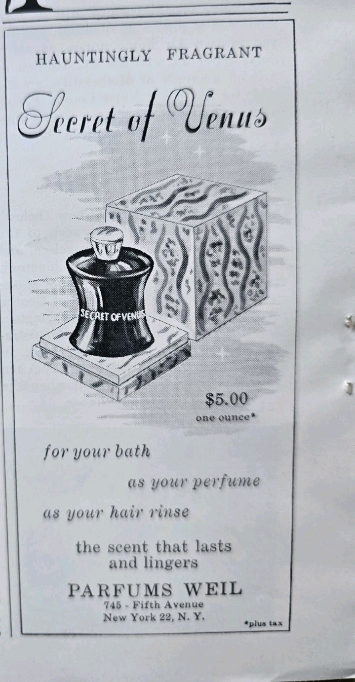1951 Parfums Weil Secret of Venus Perfume Bottle Vintage ad 