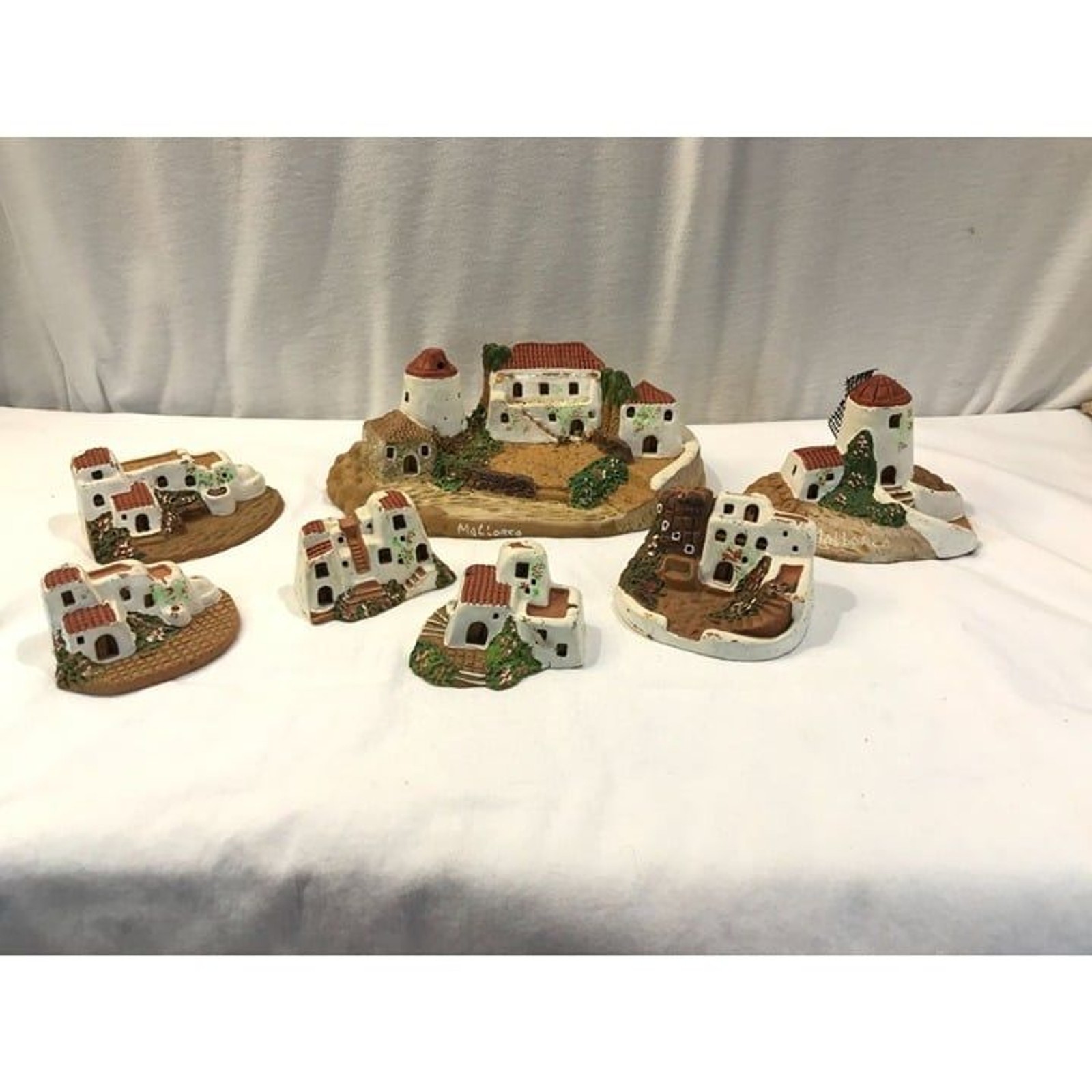 Vintage Spanish adobe miniature house village set, Mallorca Spain small terracot