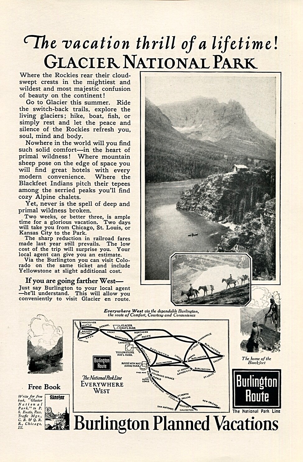 1923 Burlington Route Railroad ~ Glacier National Park ~ VINTAGE PRINT AD