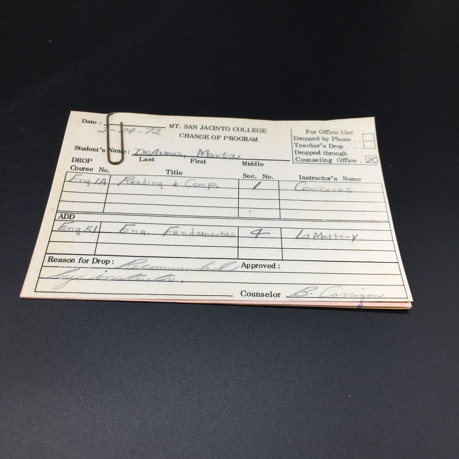 MT. San Jacinto College Change of Program Sheet 1972 Rare