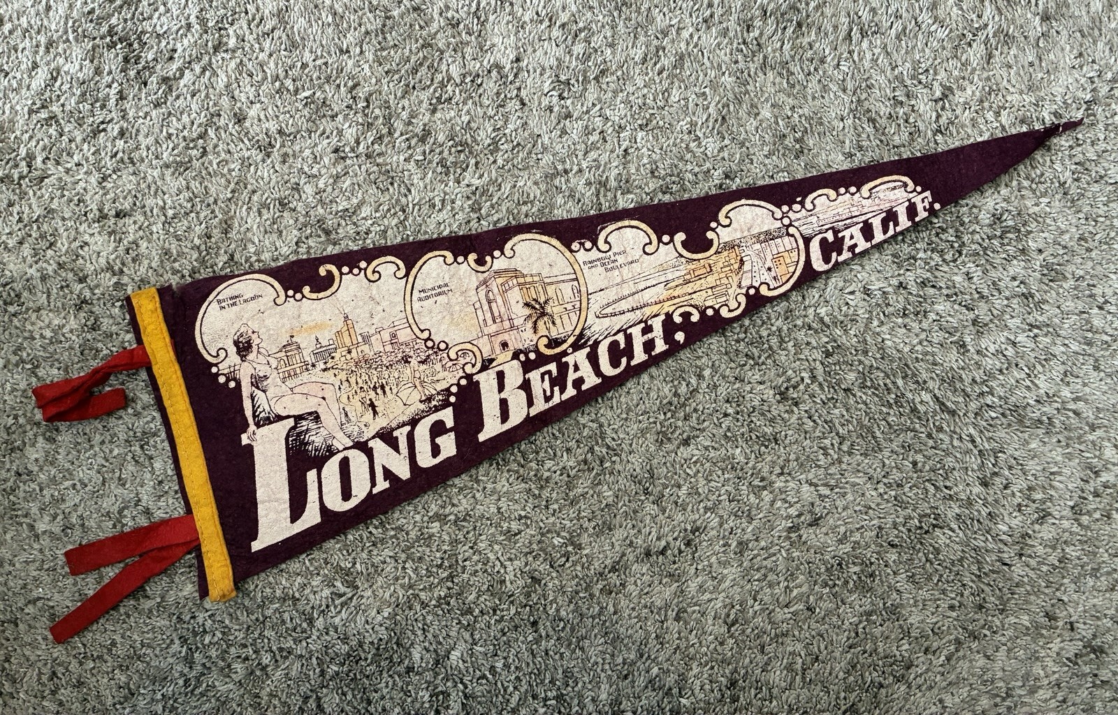 Vintage 1940s-50s Maroon Felt Pennant w/ Landmark Graphics Long Beach California