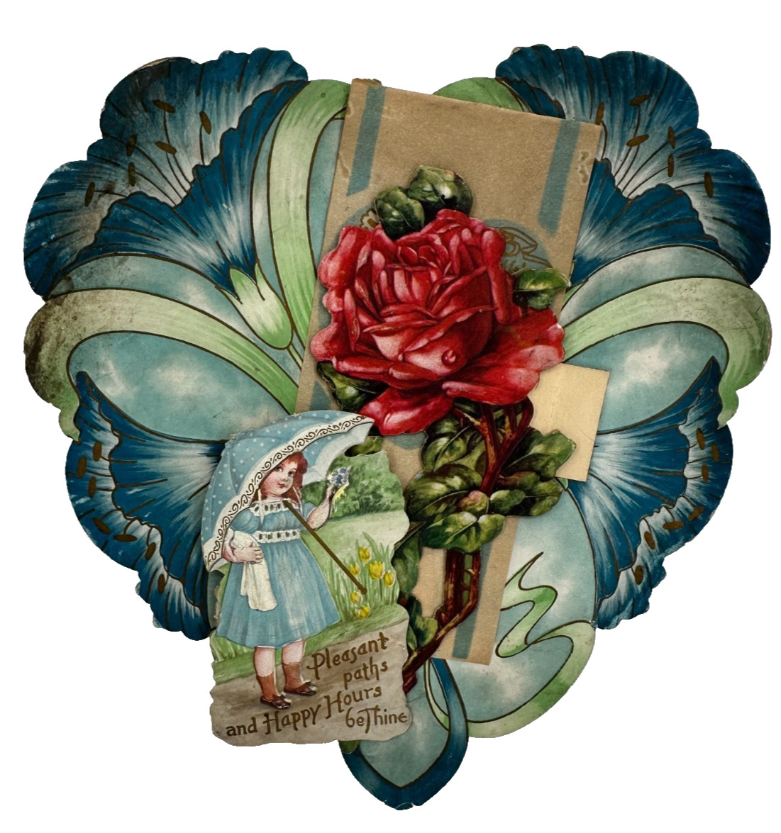 Antique Victorian Die-Cut Stand Up Layered Floral Heart Valentine Card 1800s