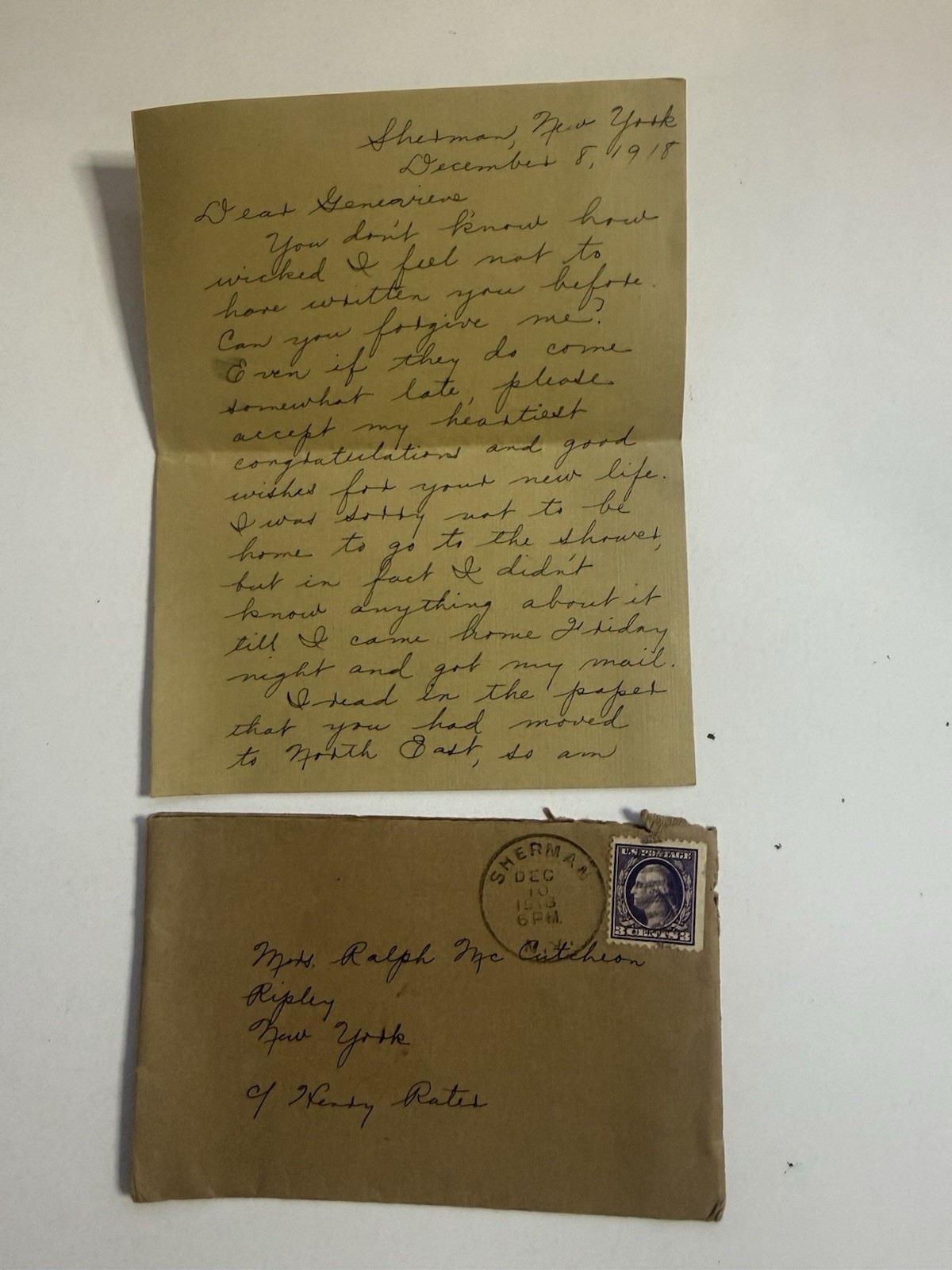 1918 Antique Handwritten Letter Envelope Sherman NY 3c Washington Stamp