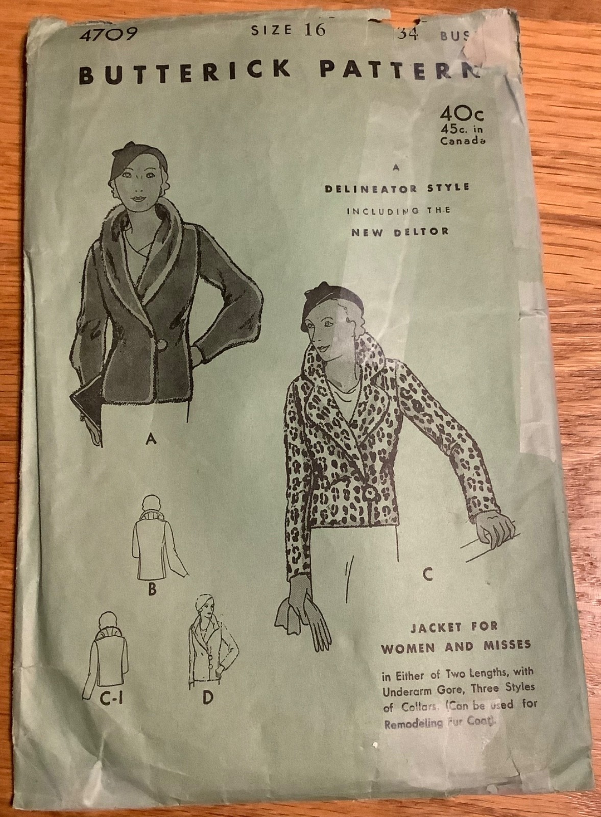 RARE 1920s pattern CUT Butterick 4708 Wm jacket sz old sz16/new sz8, Complete