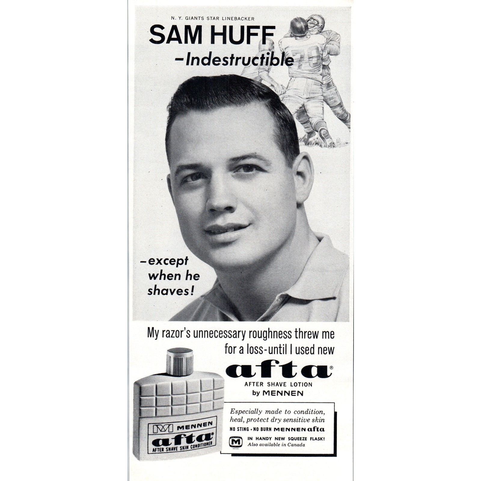 Vintage Mennen Afta Sam Huff Giants NFL Football Magazine Ad 5x10\