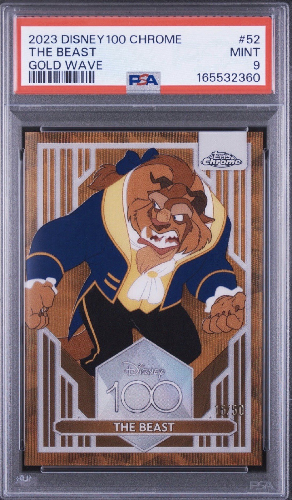 2023 Topps Disney 100 Chrome Beast 15/50 Gold Wave Refractor PSA 9