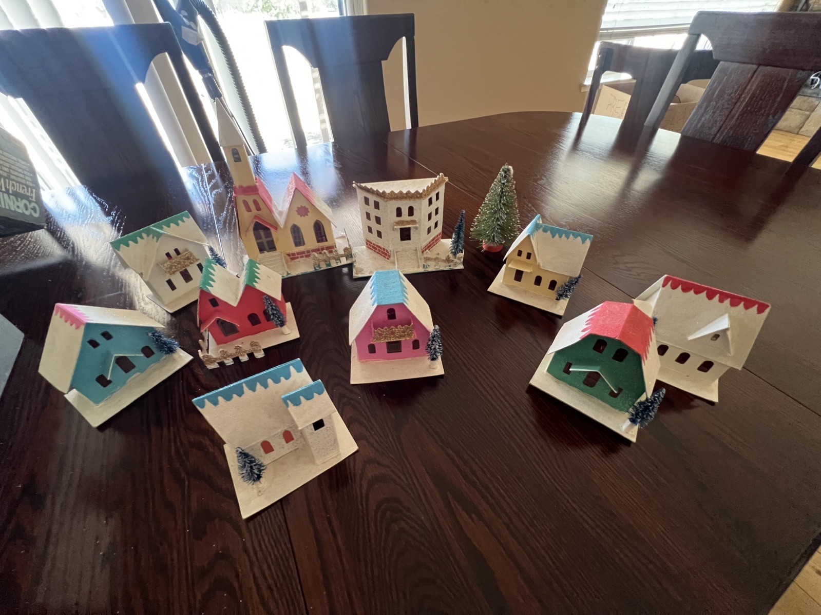 Vintage 50’s Christmas Putz Cardboard 10 piece Village