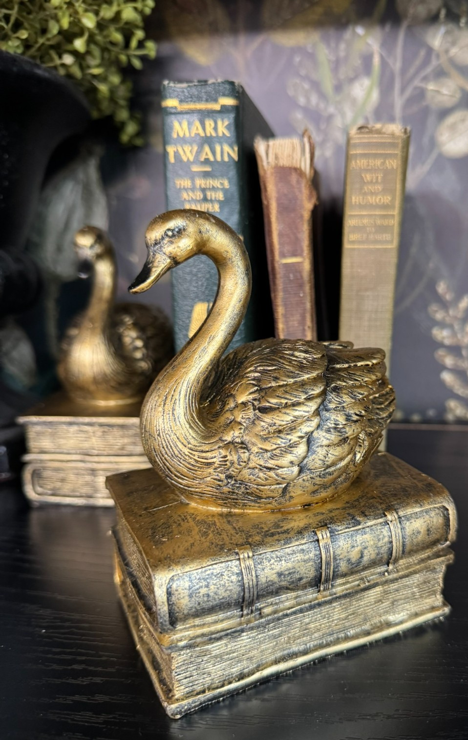 PAIR Antique-Gold Art Deco Swan On Vintage Books Bookends Swans Shelf Book Ends