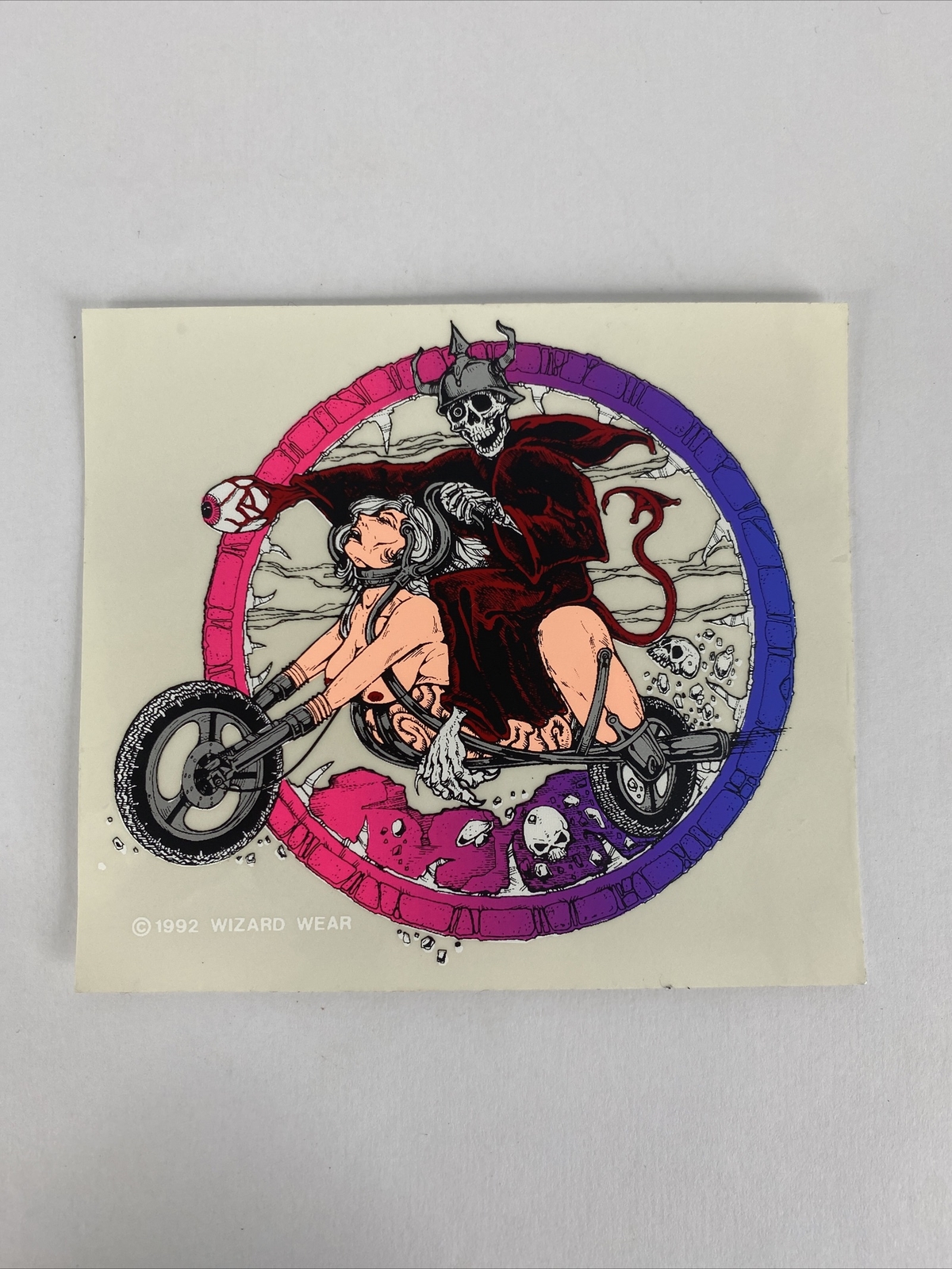 Vintage 92 Wizard Wear Dirty Biker Skeleton Neon Blacklight Sticker 4.5x 4\