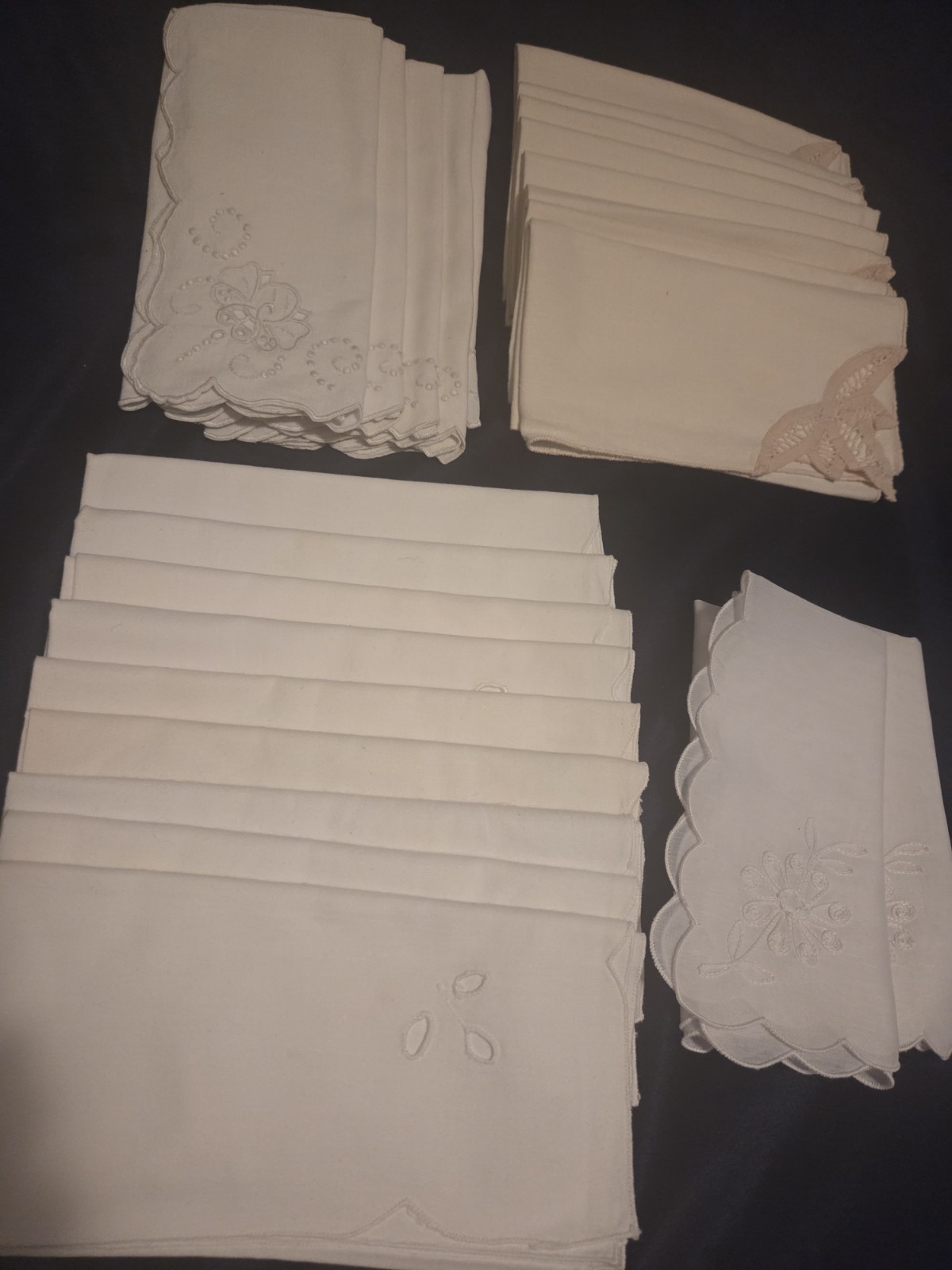 LOT Vintage Linen/Cotton/Damask Dinner Napkins Embroidered/Cut-out Design/READ