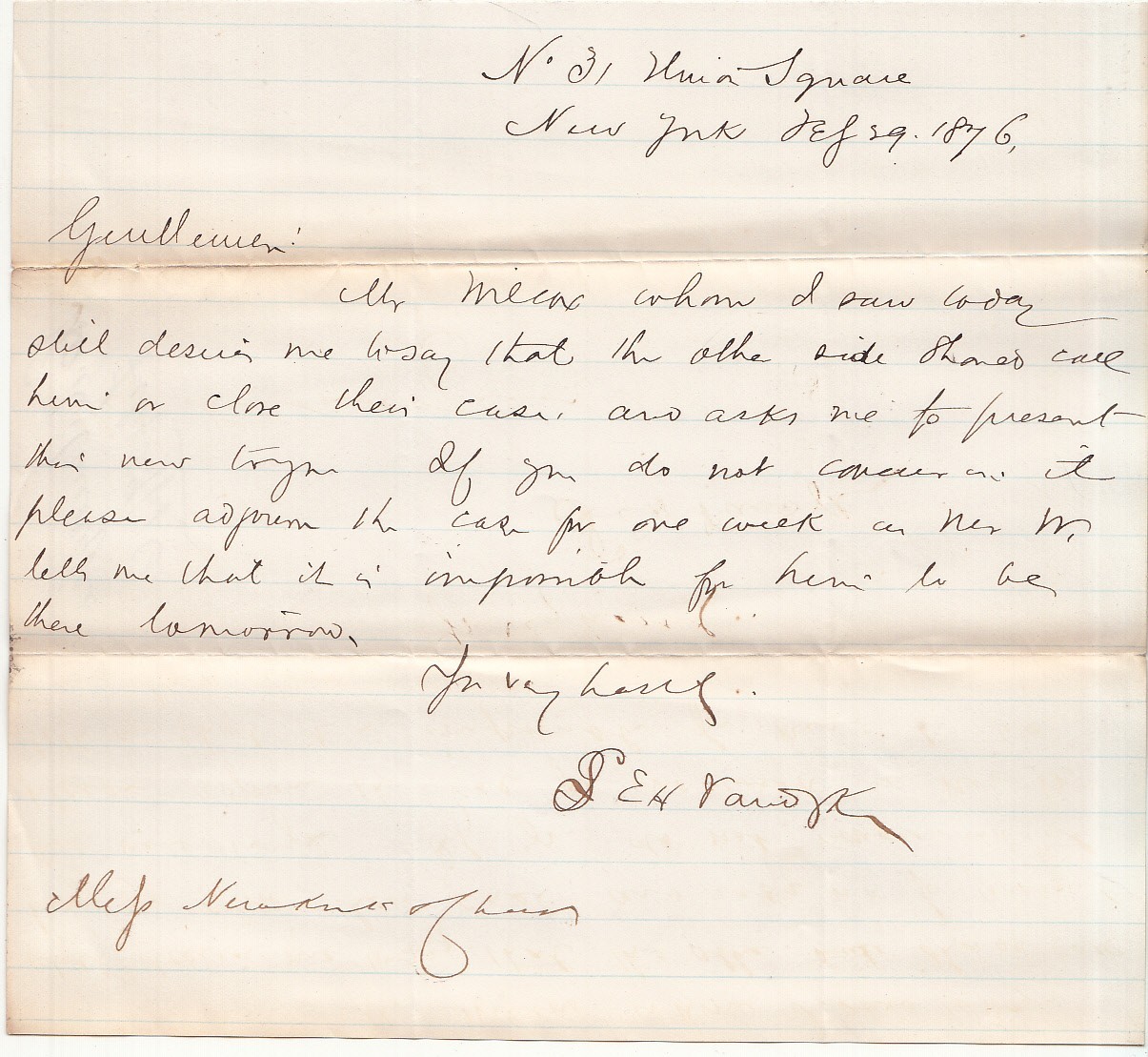 1876 Union Square New York NY Handwritten Signed Letter