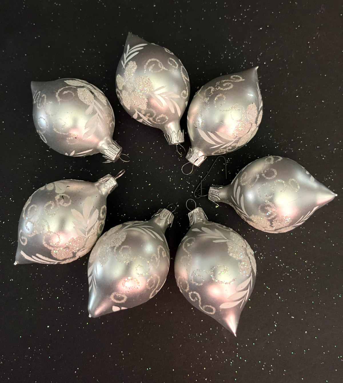 Vintage small teardrop silver sparkle Christmas ornaments 7 pcs