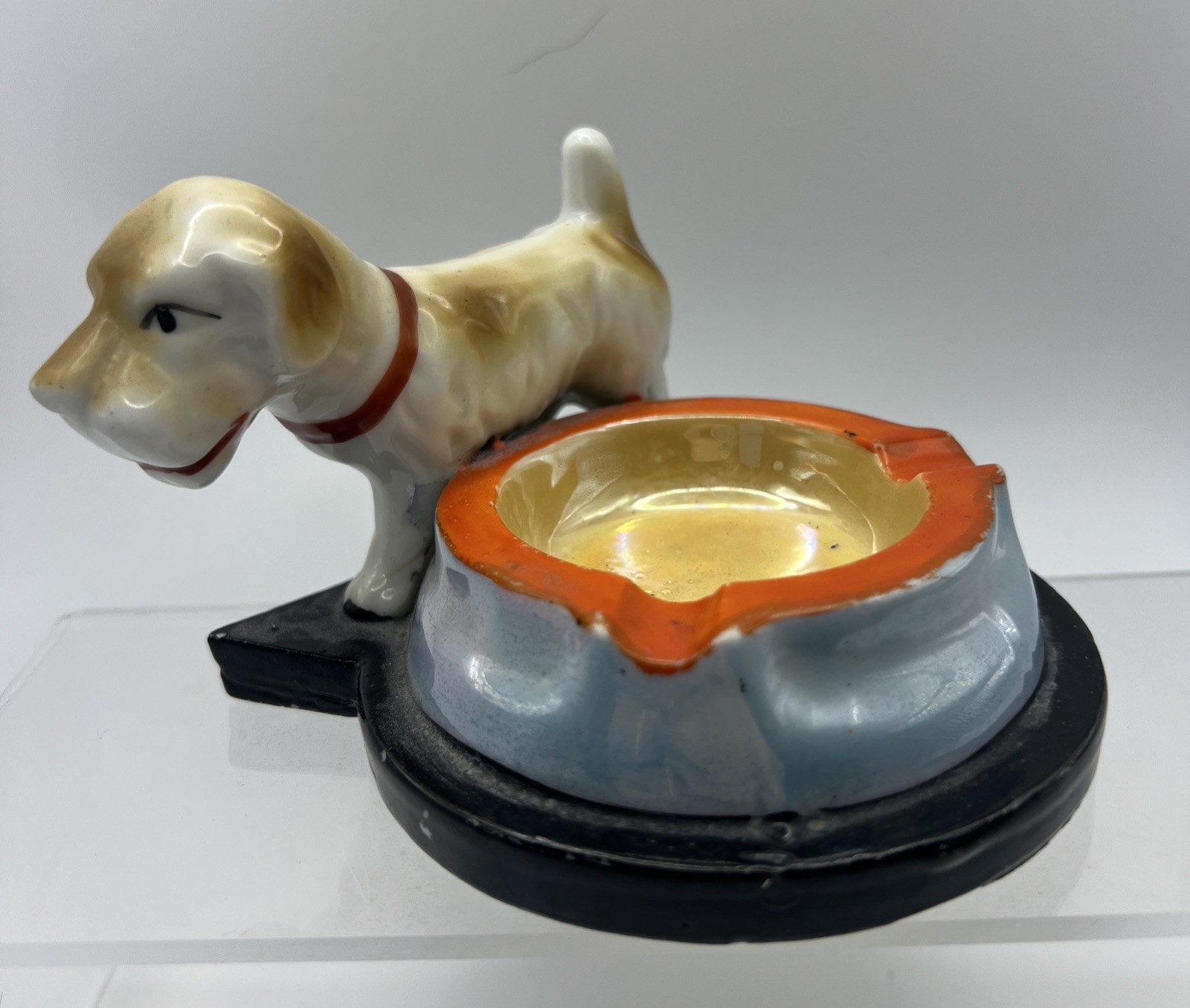 Vtg 1960's  Ceramic Terrier Dog Ashtray Made in Japan Trinket Dish Orange Blue
