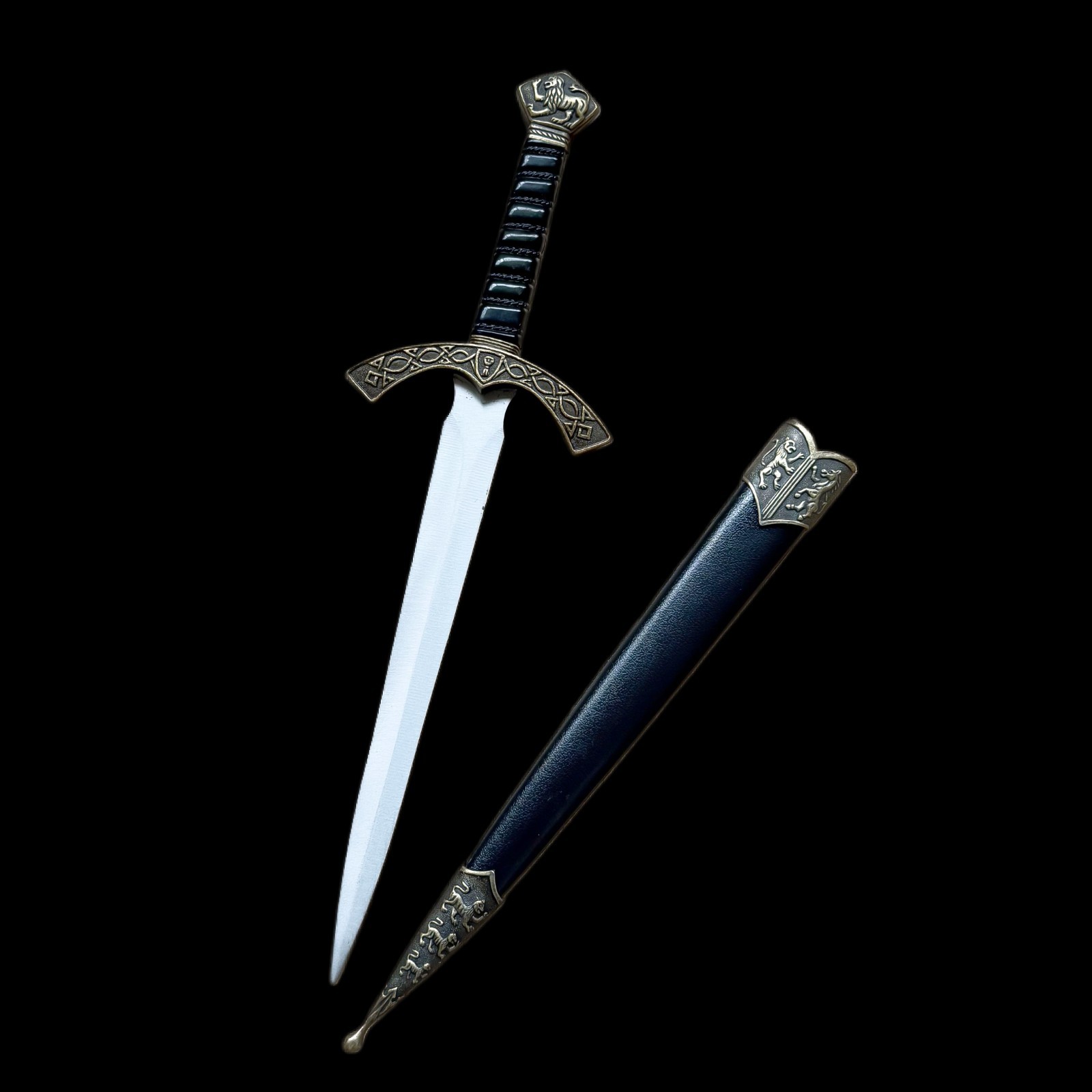 Black vintage European sword with a lion motif at the top of the black hilt