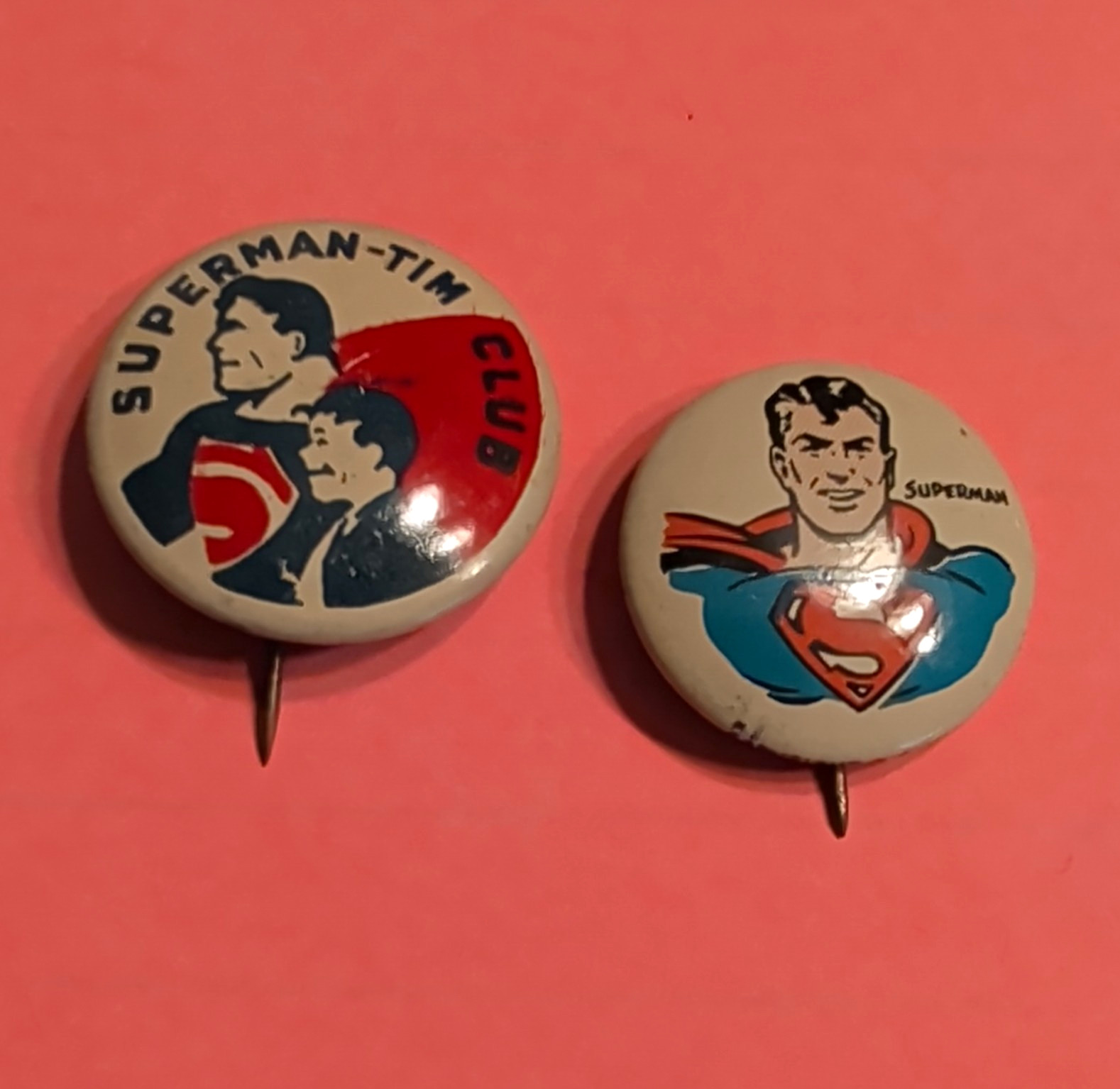 Lot of 2 Vintage Superman Pinback Buttons - Superman-Tim Club & Portrait