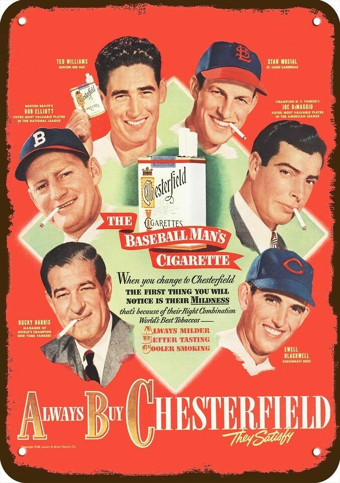 1948  Joe DiMaggio Stan Musial Ted Williams Chesterfield DECORATIVE METAL SIGN