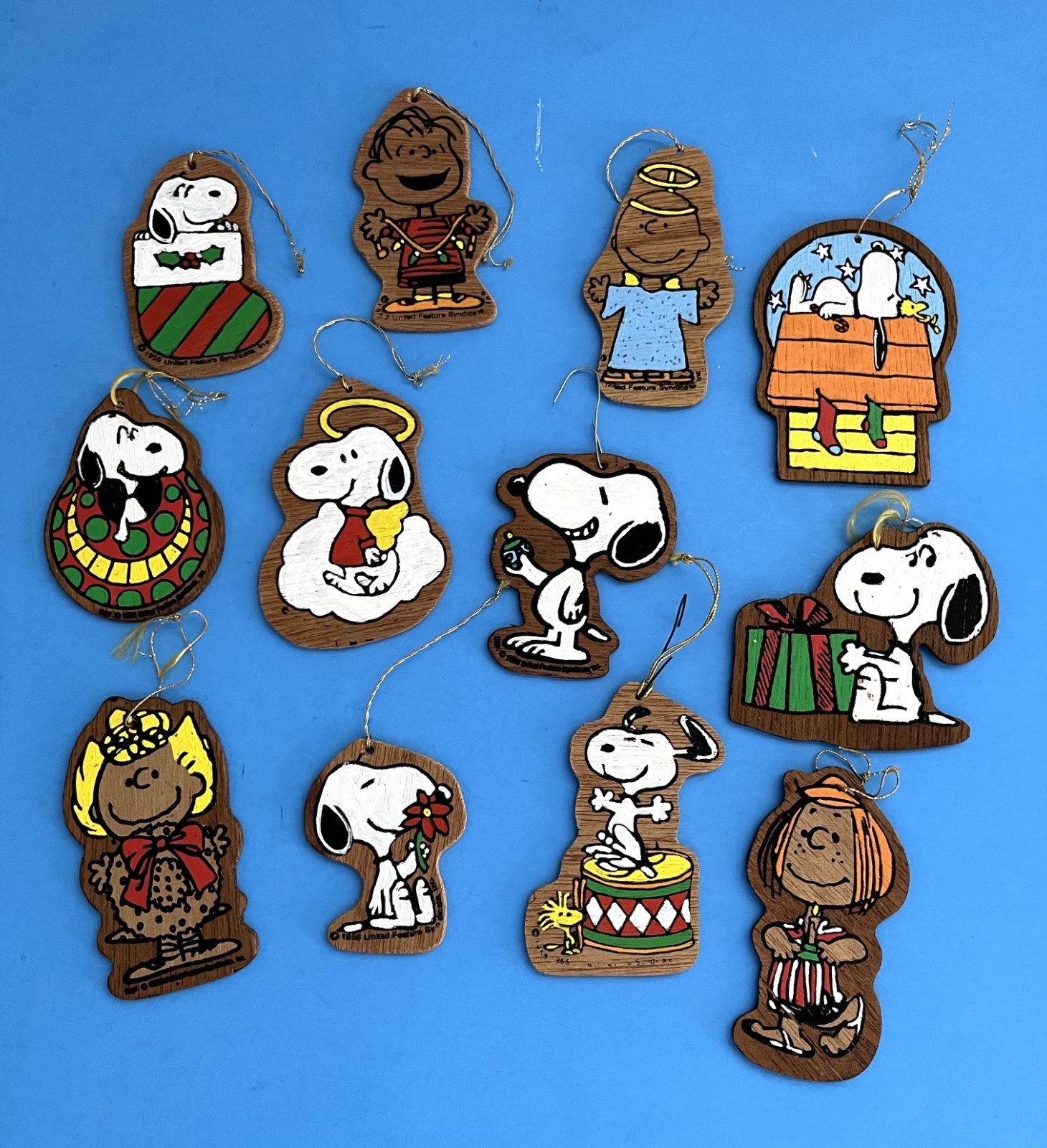Vintage 1970s Peanuts Wooden Christmas Ornaments Set of 12 Made in Japan