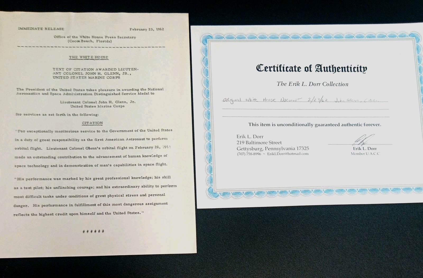 1962 JFK WH Press Release John Glenn Citation First US Orbital Flight w COA