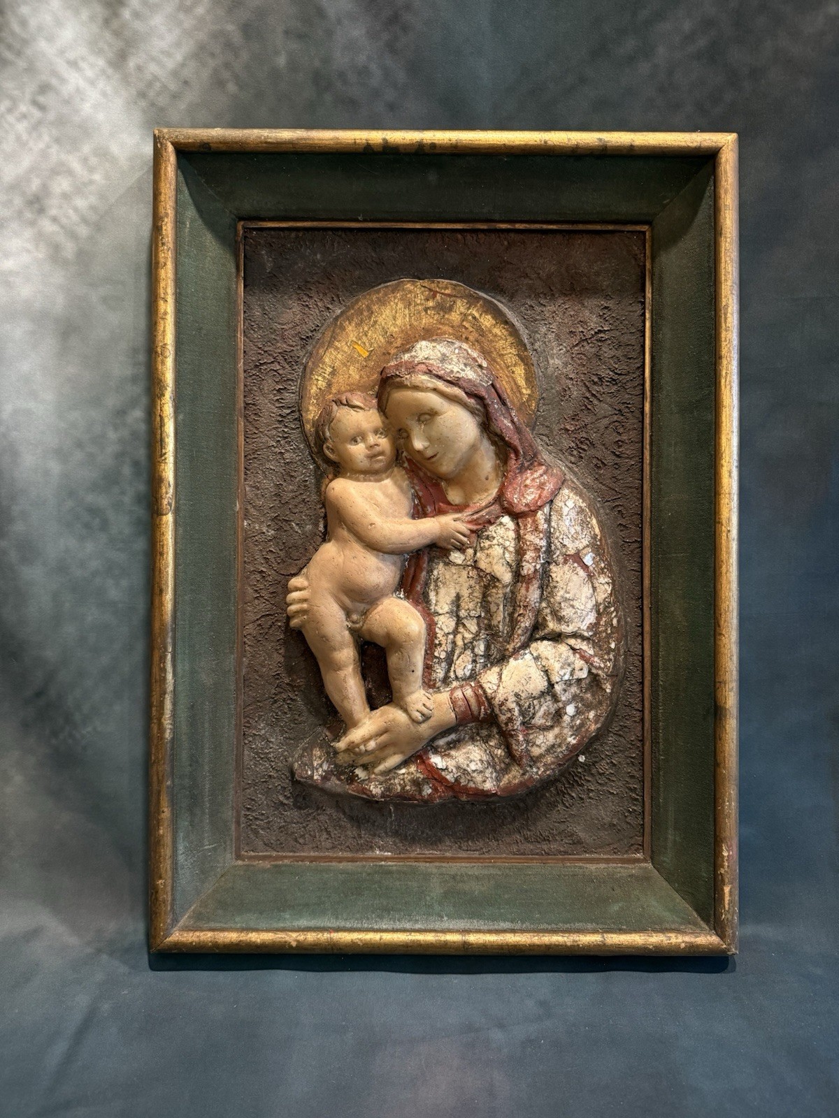 Antique c1920 Madonna Child Polychrome Relief Plaque Gilt Religious Art 27x22