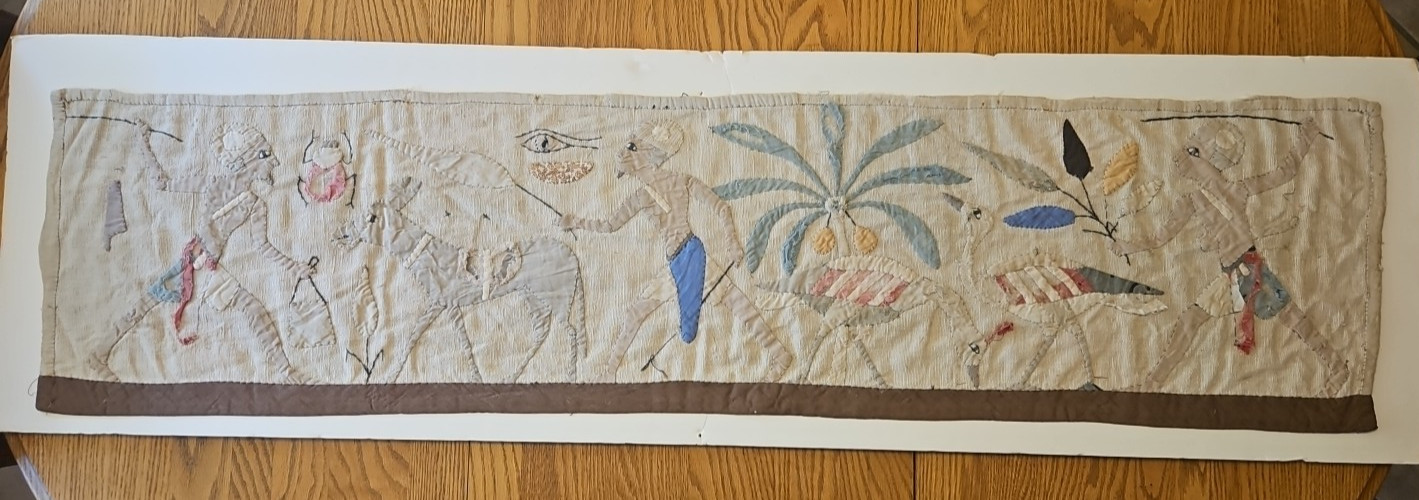 Antique Egyptian Textile Wall Panel 1930s Applique Farming & Animals Nile Scene 