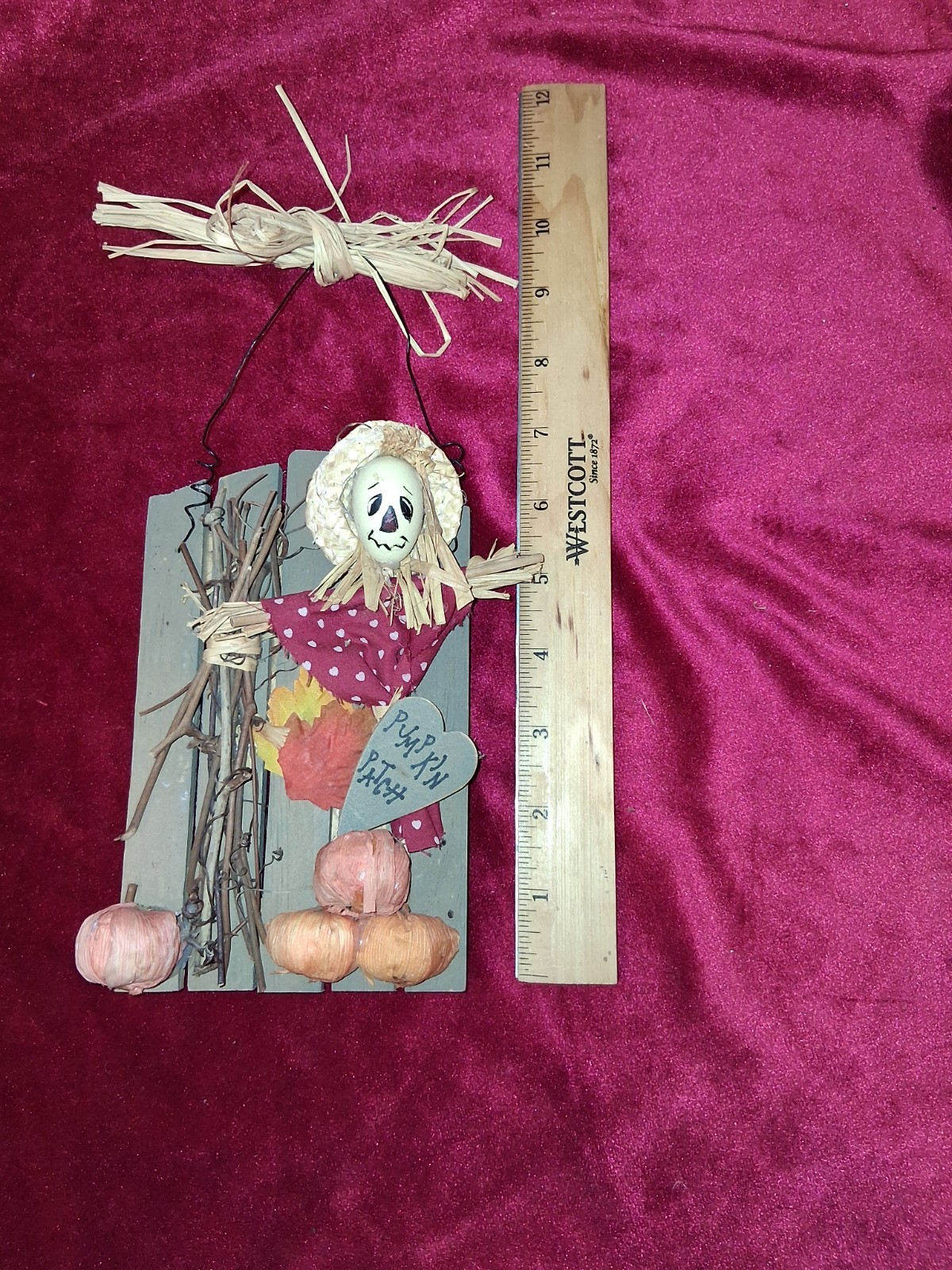 Vintage Pumpkin Patch Scarecrow Wall Hanger – Handmade Fall Decor