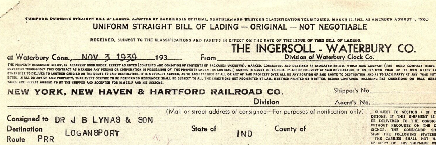 1939 INGERSOLL-WATERBURY CO CONN. NY NEW HAVEN HARTFORD RAILROAD SHIPMENT Z7056