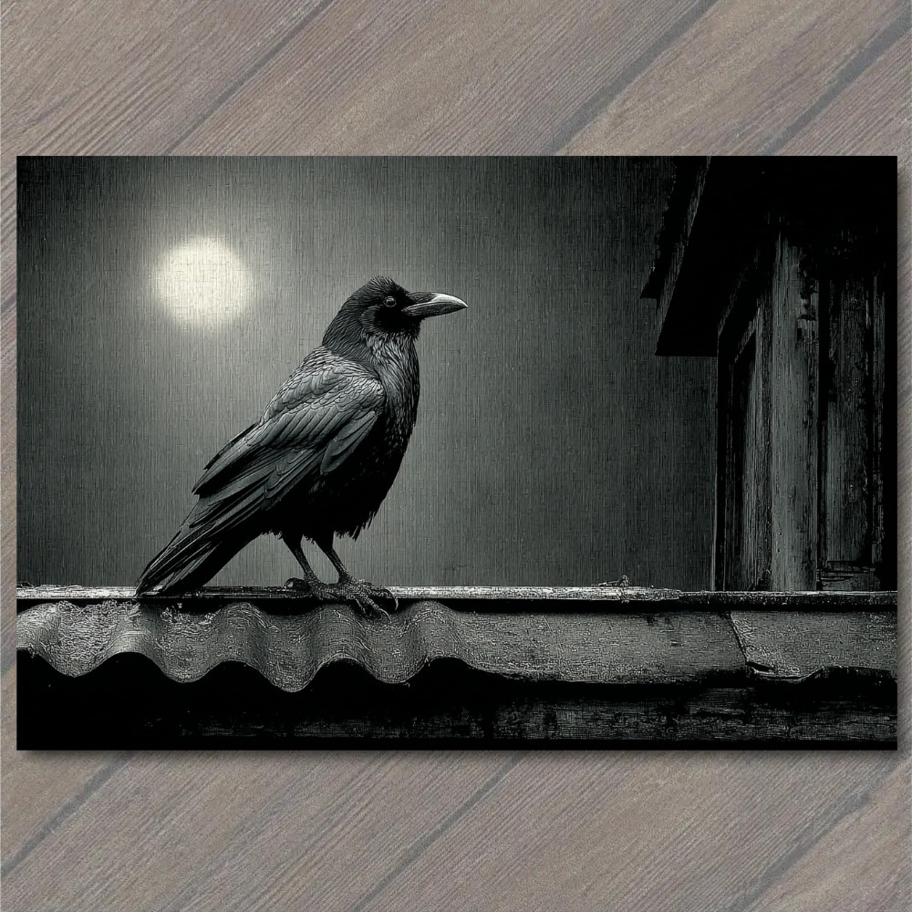 POSTCARD Raven Moonlit Roof Perched Crow Gothic Nocturnal Bird Night Shadows