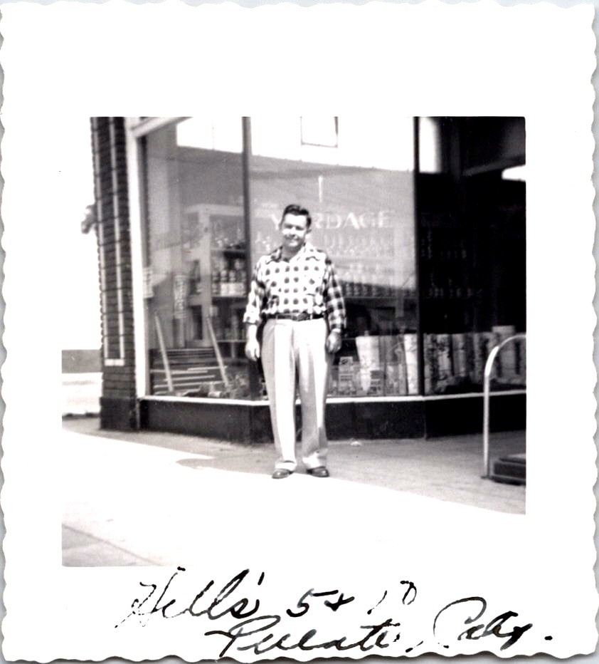 Man Outside Hill's 5 & 10 Store, 1950s B&W Snapshot, Pulaski TN
