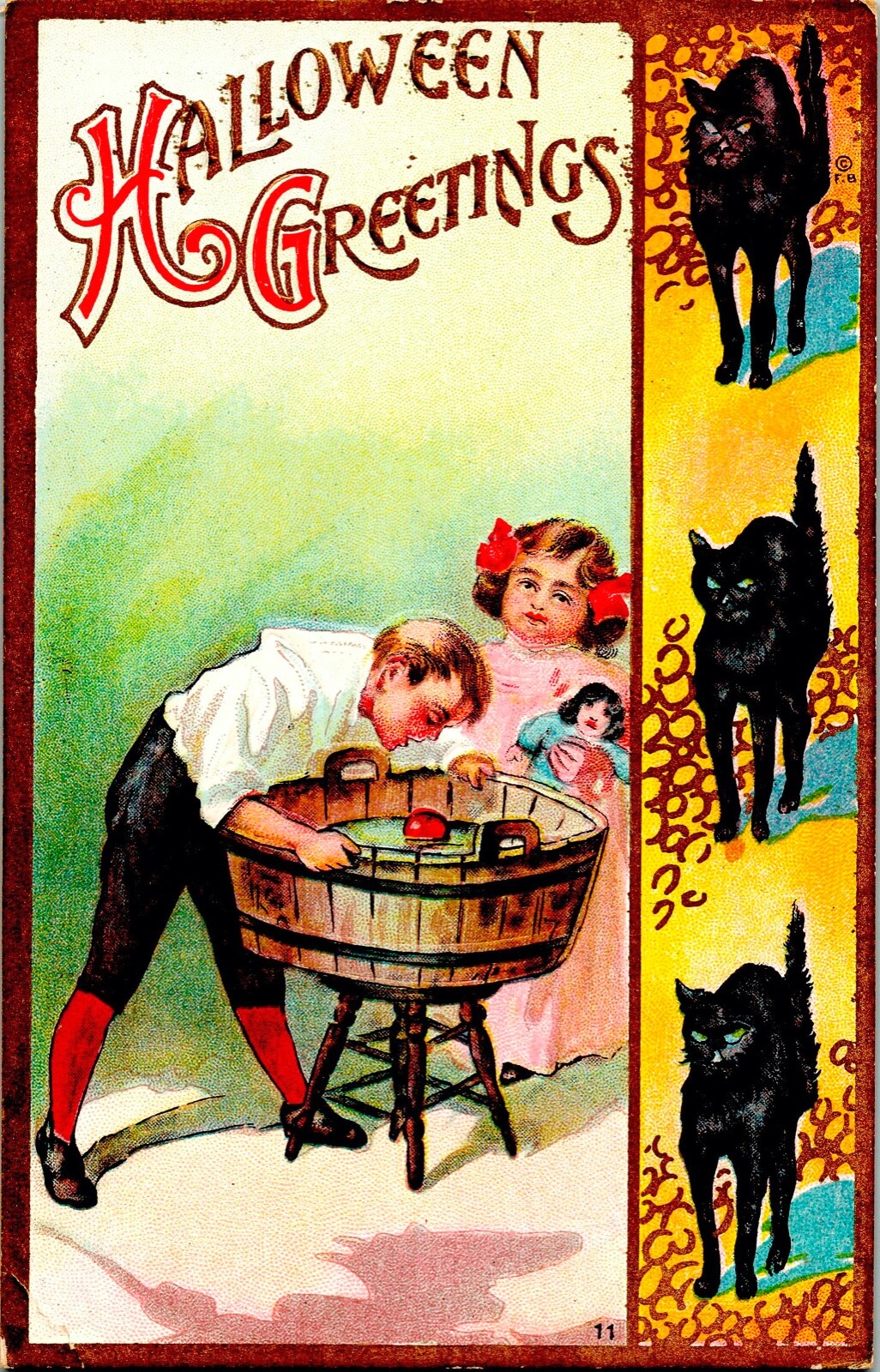 1910\'s Florence Bamberger Vintage Halloween Postcard  Black Cats and Children 