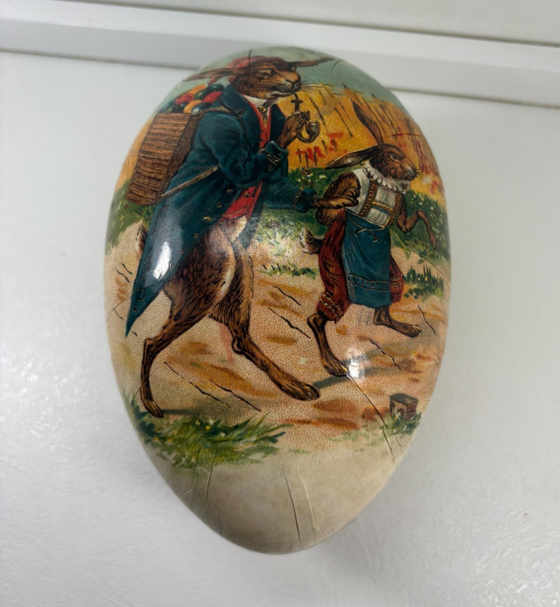Vintage German Nestler Paper Mache Easter Egg Candy Container Rabbit Papa Son 7