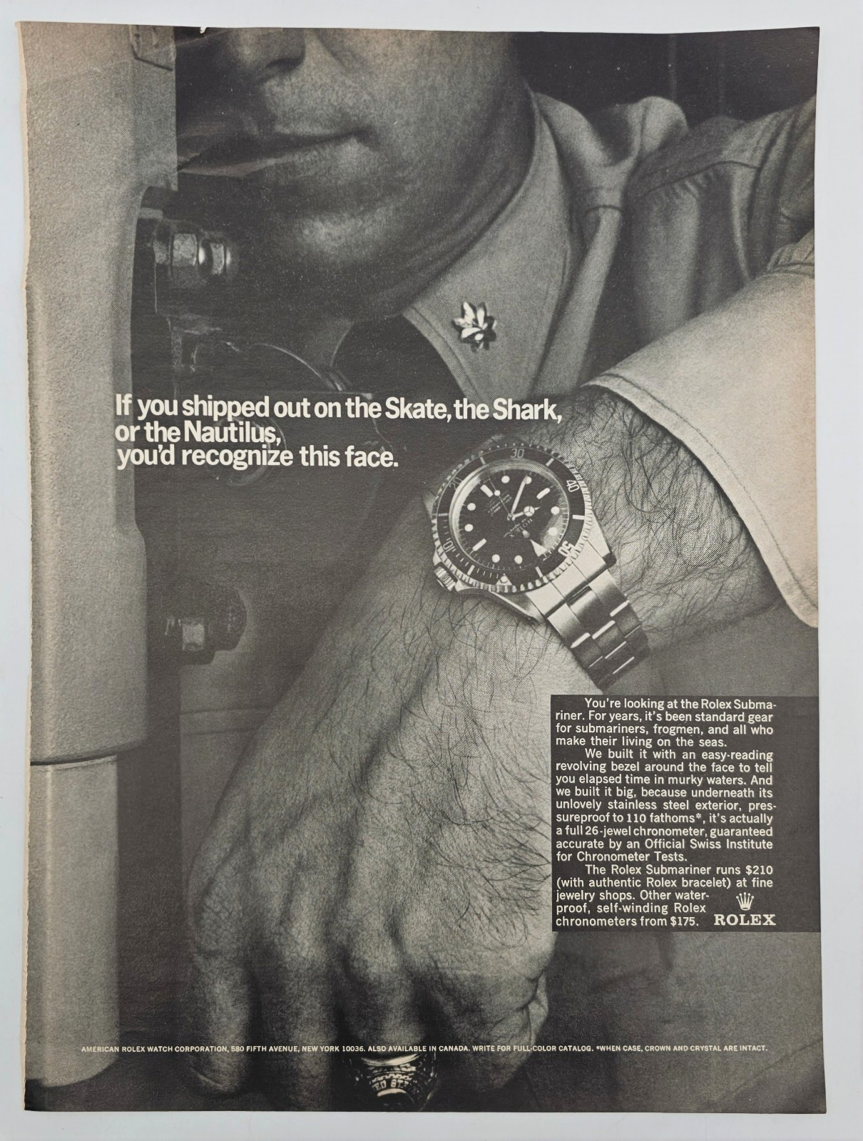 1966 Rolex Submariner Print Advertising If You Shipped Out Frogmen Photo VTG AD