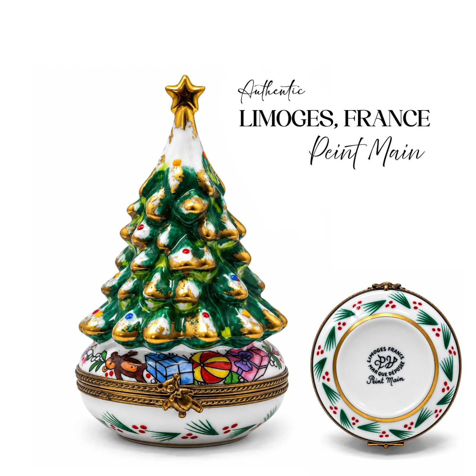 Limoges Peint Main France Christmas Tree Trinket Box Gift 4in Mint