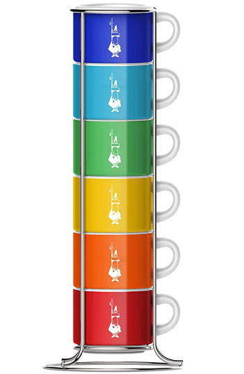 BIALETTI SET 6 ESPRESSO CUPS COLOR STACKABLE TAZZ110 .NEW IN BOX.