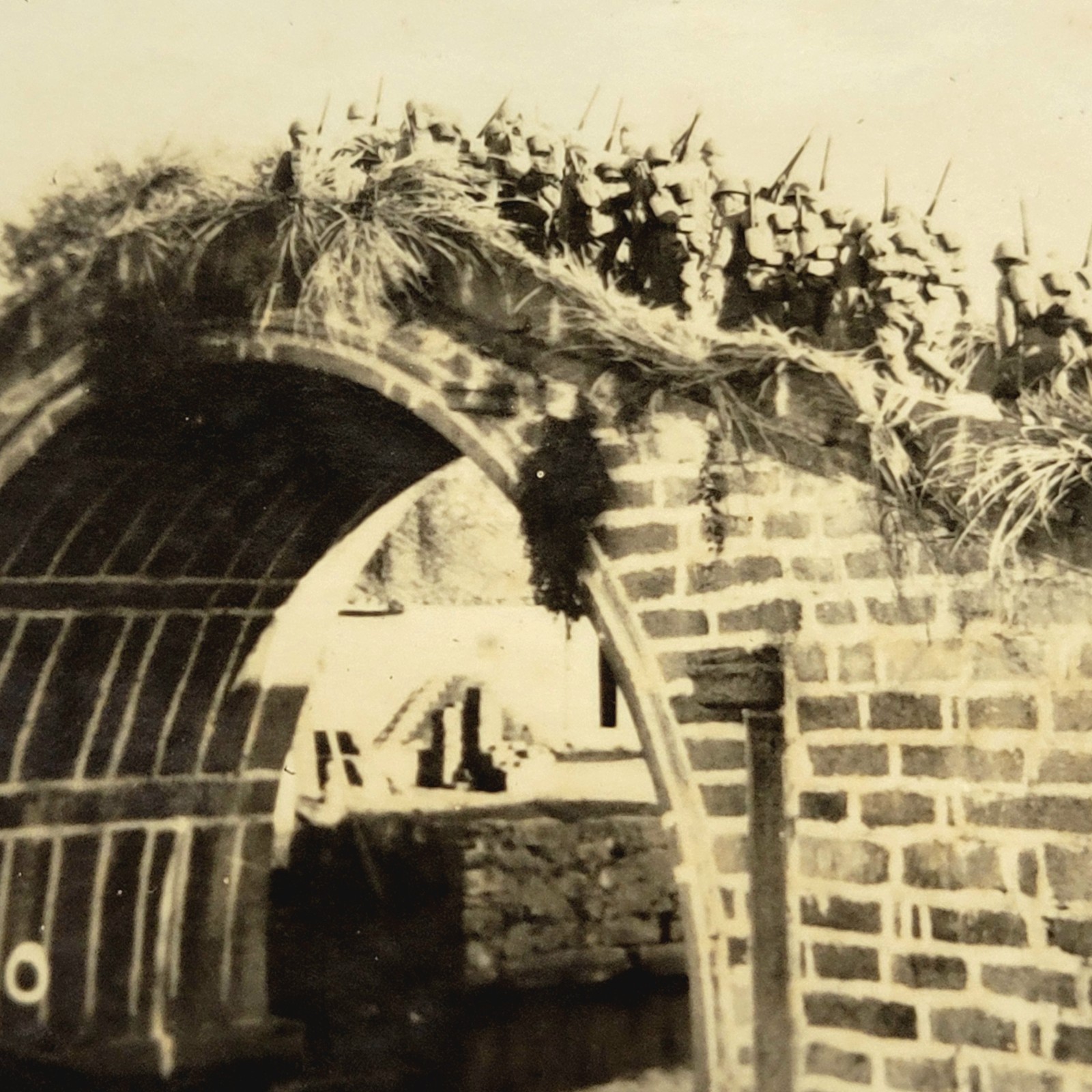 Japanese Army Nanjing Advance - Troops On Bridge China Wartime c1937 Photo