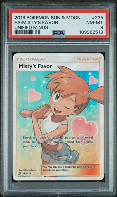 PSA 8 Misty’s Favor 235/236 SM Unified Minds Full Art Holo Pokémon TCG