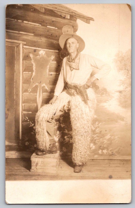 c1910 Western Cowboy in Woolly Chaps Gun Holster Studio Portrait Real Photo RPPC