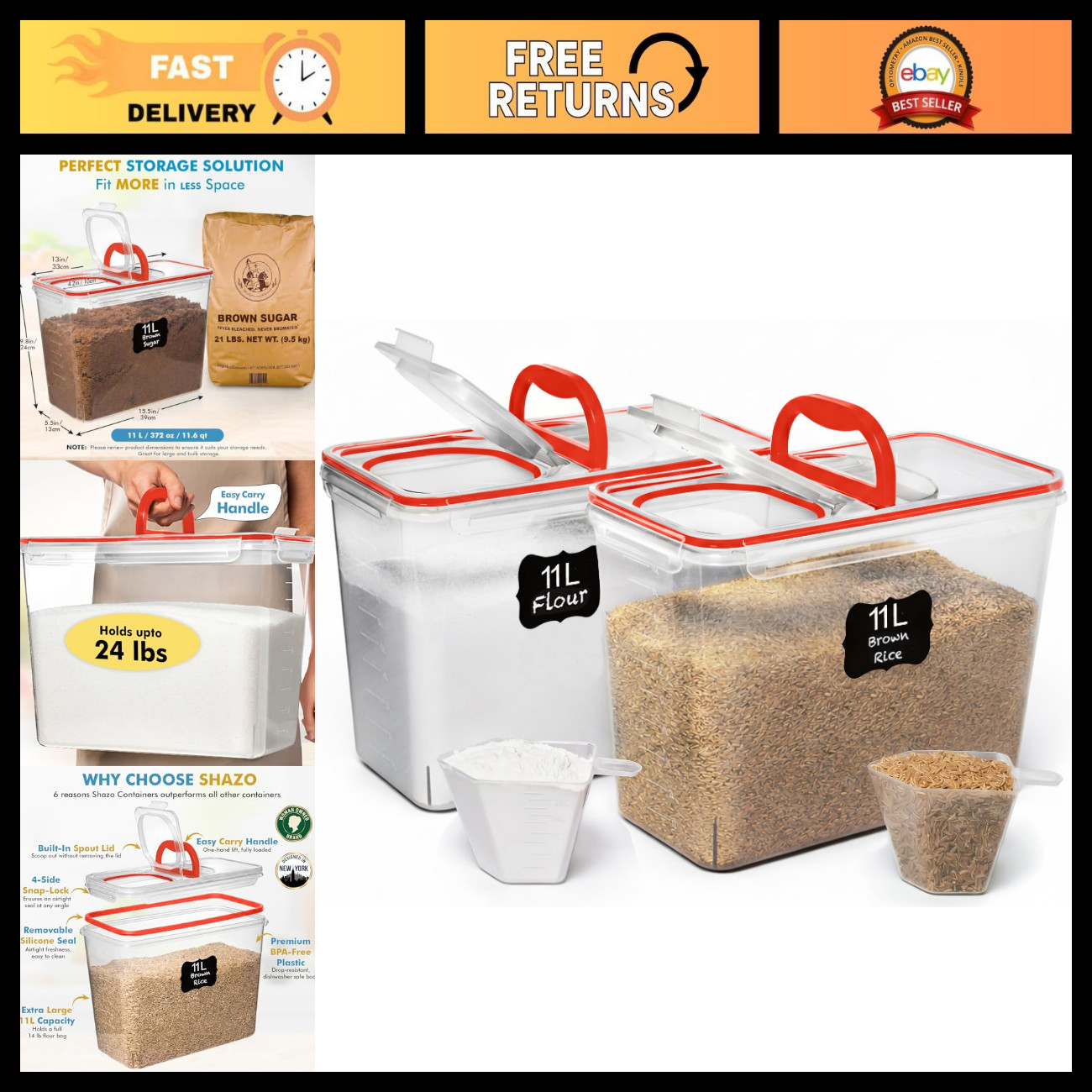 Shazo 2 PC (11L | 372 oz) Flour Sugar Storage Containers with Spout Lid & Easy C