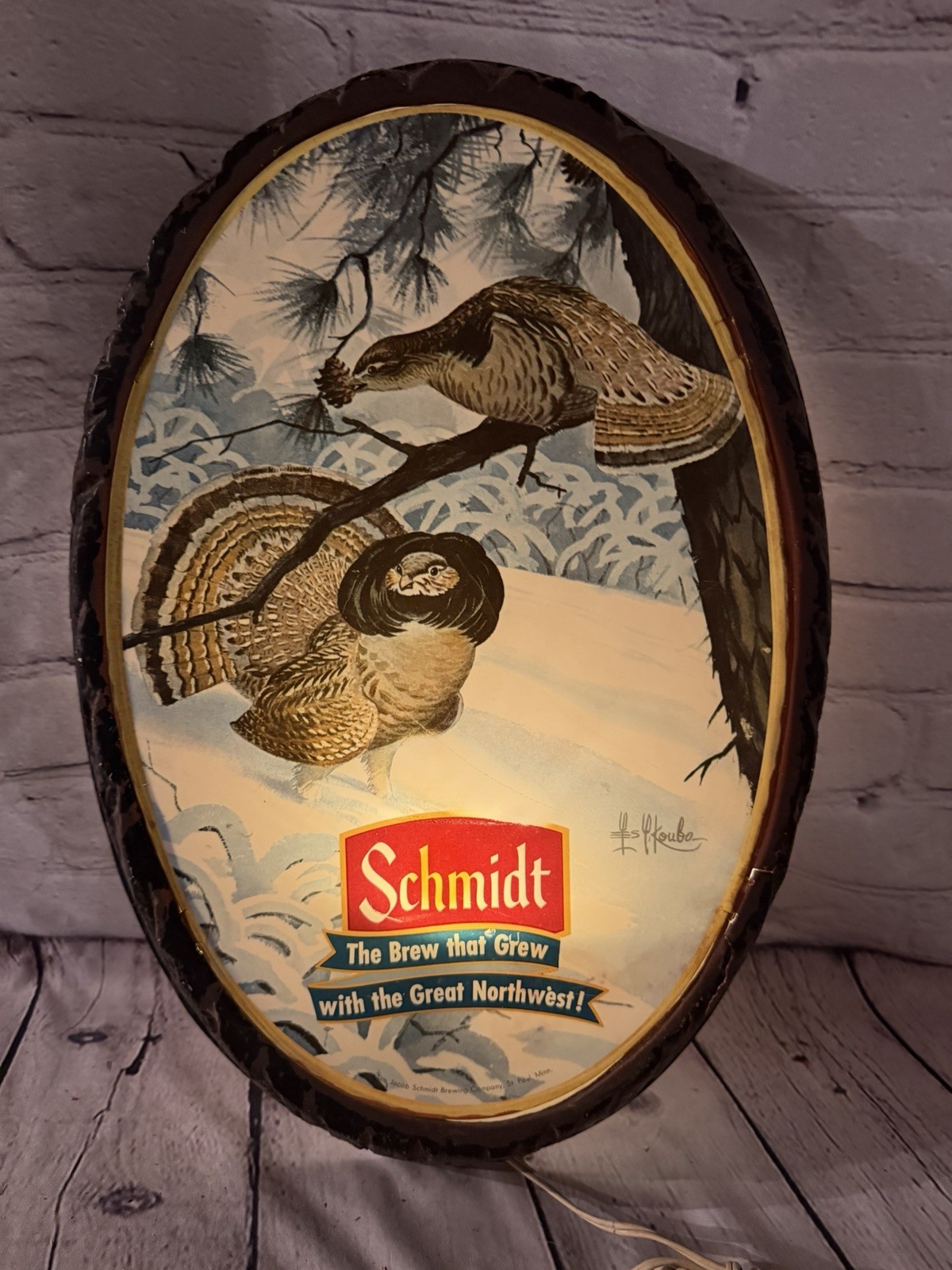 Vintage Schmidt Beer Lighted Sign Les Kouba Grouse Tree Stump Jacob Schmidt Brew