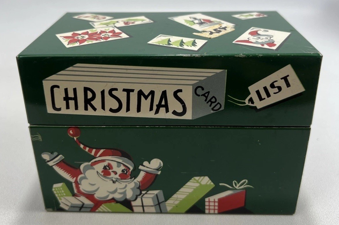 Vintage 1954 Mayfair Co. Christmas Card List Tin File Box Retro Santa MCM