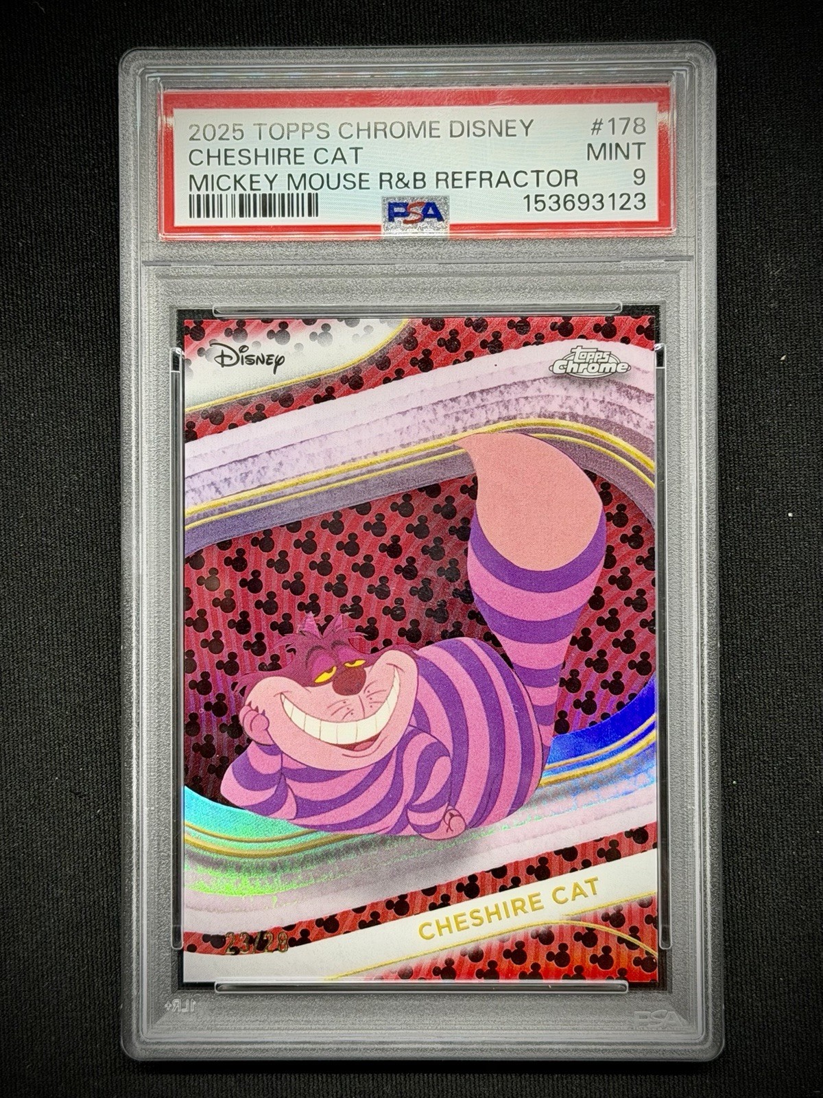 2025 TOPPS CHROME DISNEY CHESHIRE CAT #178 MICKEY MOUSE R&B REFRACTOR /28 PSA 9