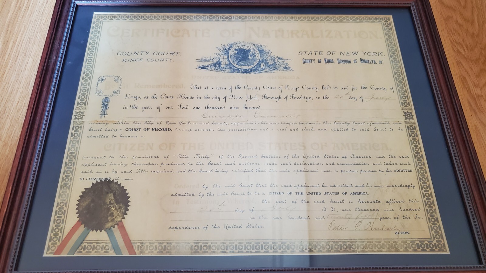 Certificate of Naturalization July 20th 1900 New York NY Brooklyn Kings County