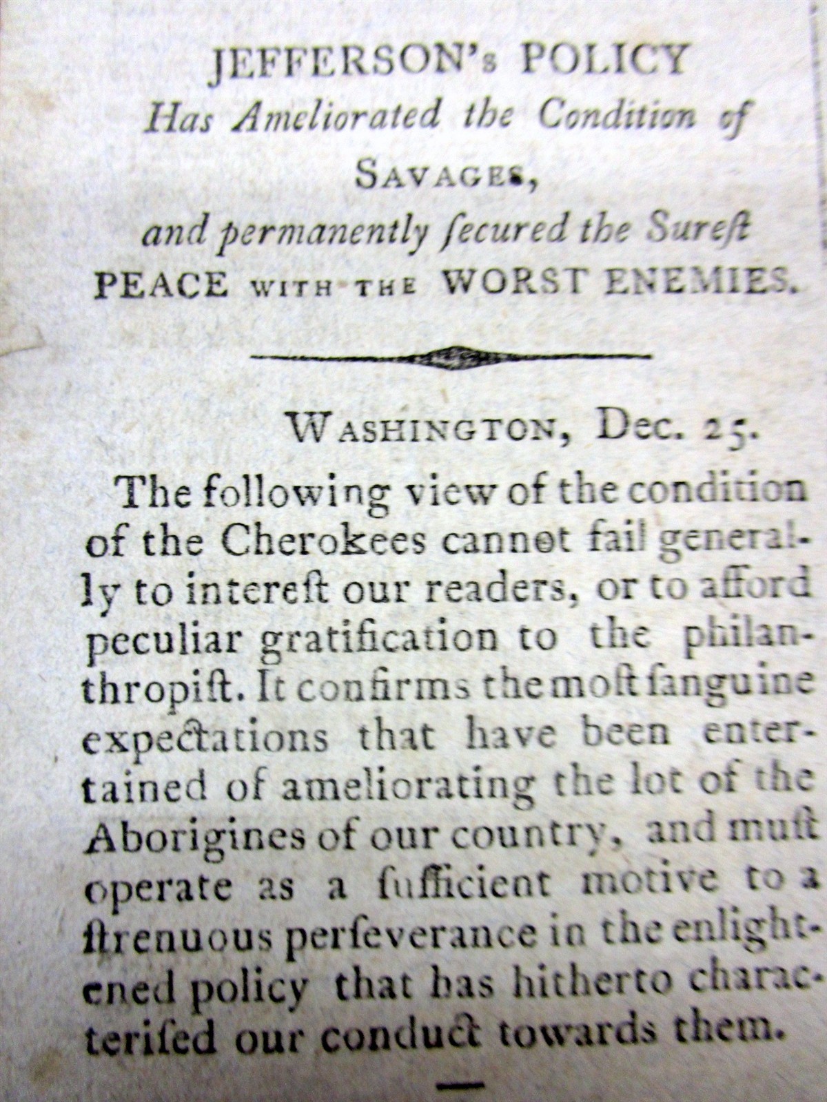 1810 VT newspaper PRESIDENT THOMAS JEFFERSON SECURES PEACE w the SAVAGE INDIANS