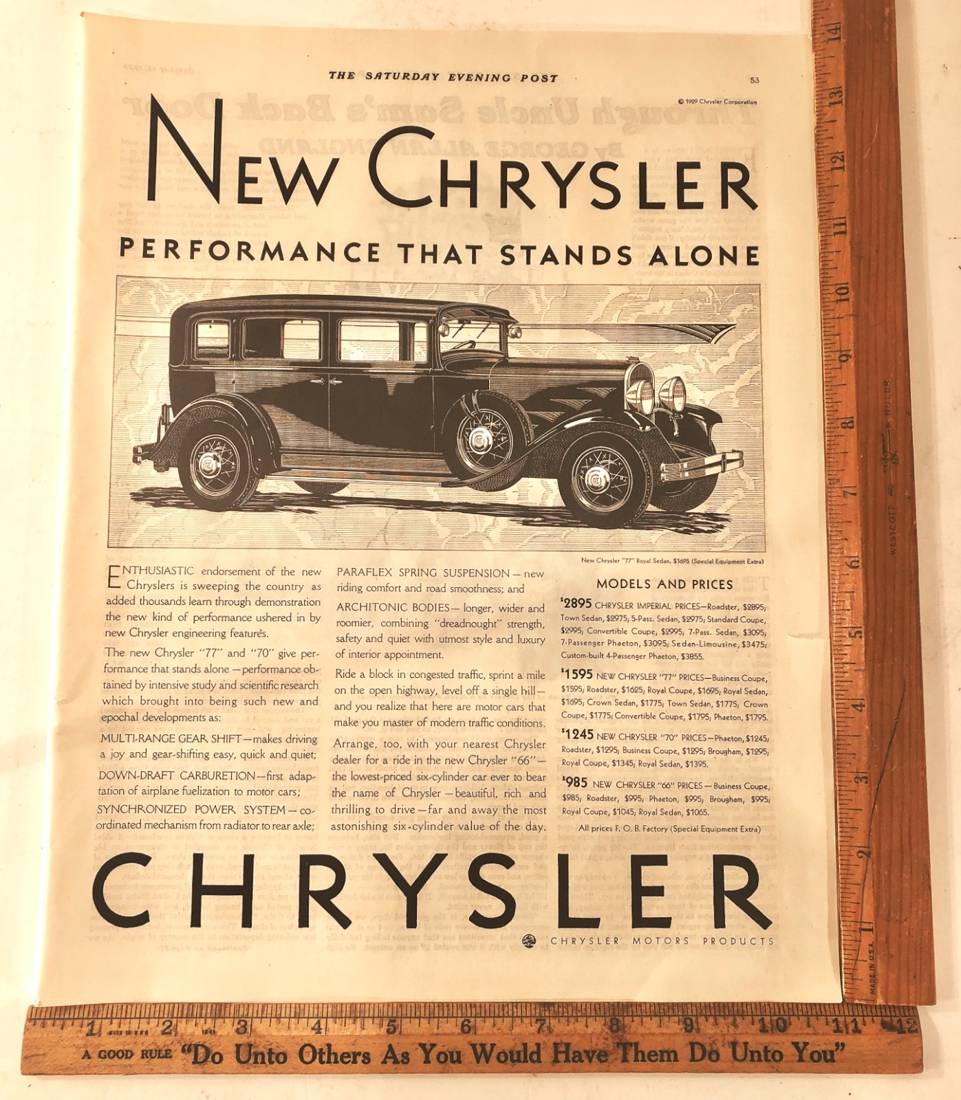 Vintage 1929 Chrysler Automobile Advertising Sign Original Ad