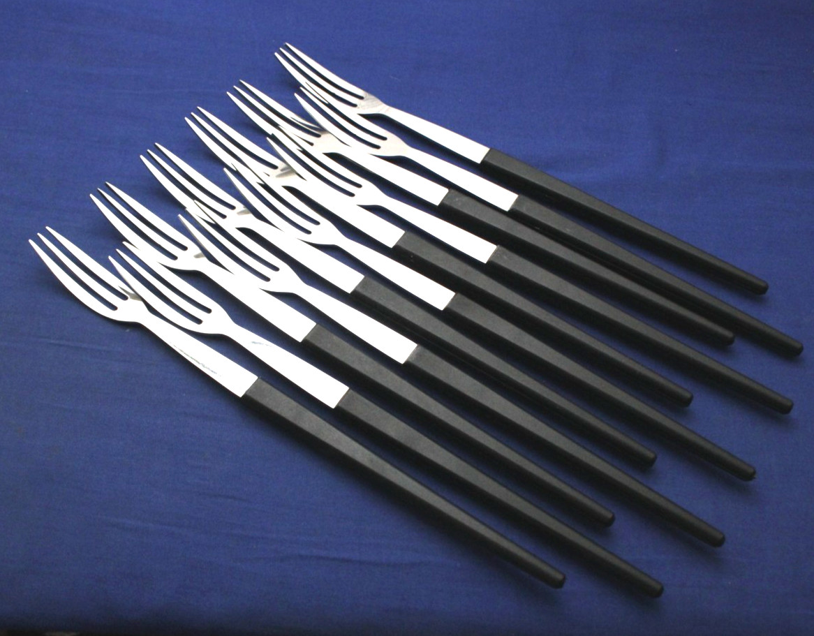 SET  11 VINTAGE MCM  AUBECO INOX  FONDUE FORKS  MOLDED BLACK HANDLES FRANCE 60\'S