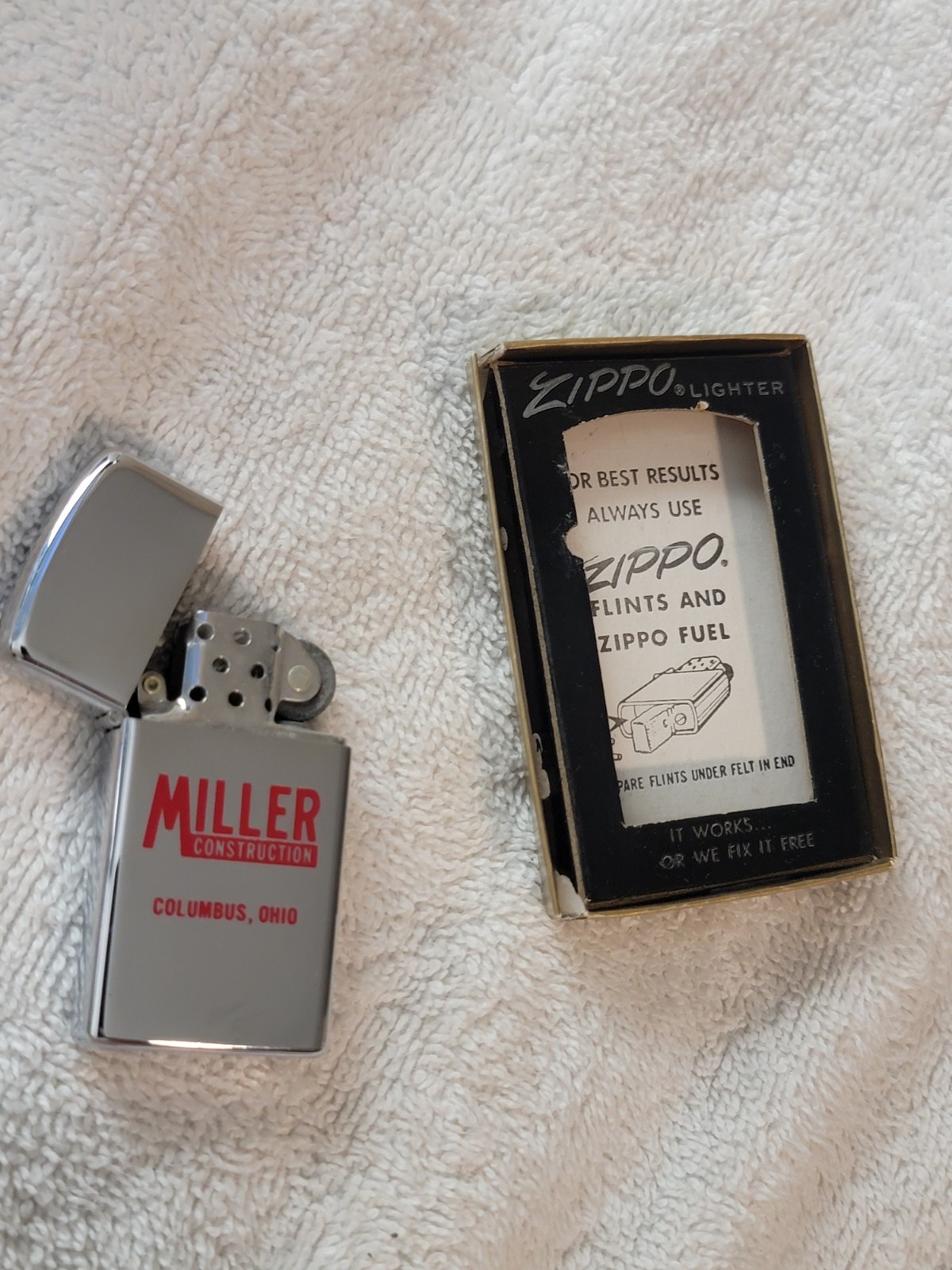 Vintage 1973 Miller Construction Advertising HP Chrome Slim Zippo Lighter New