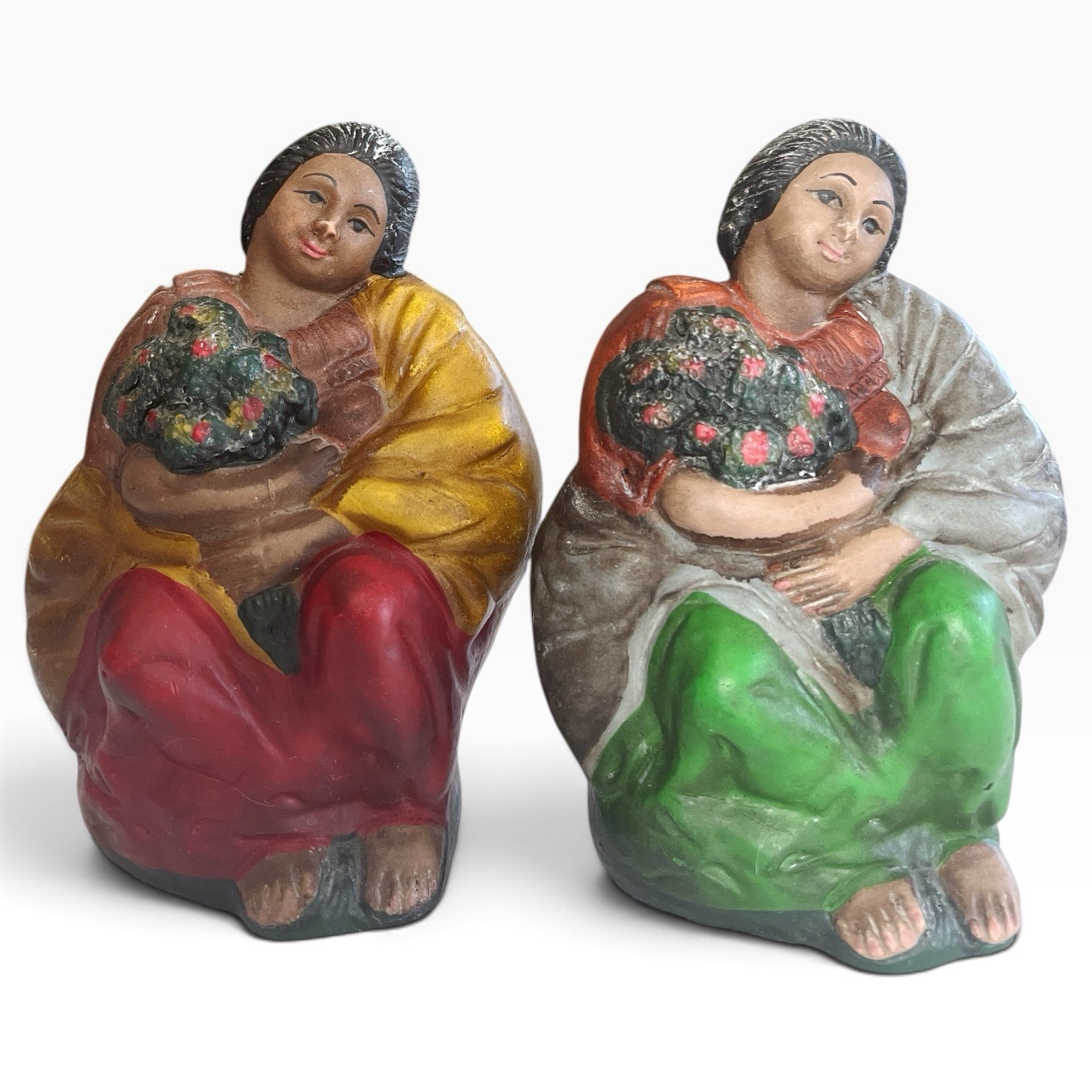 Vintage Mexican Folk ArtSeated Flower Vendor WomenPair Hand Painted Clay 6”