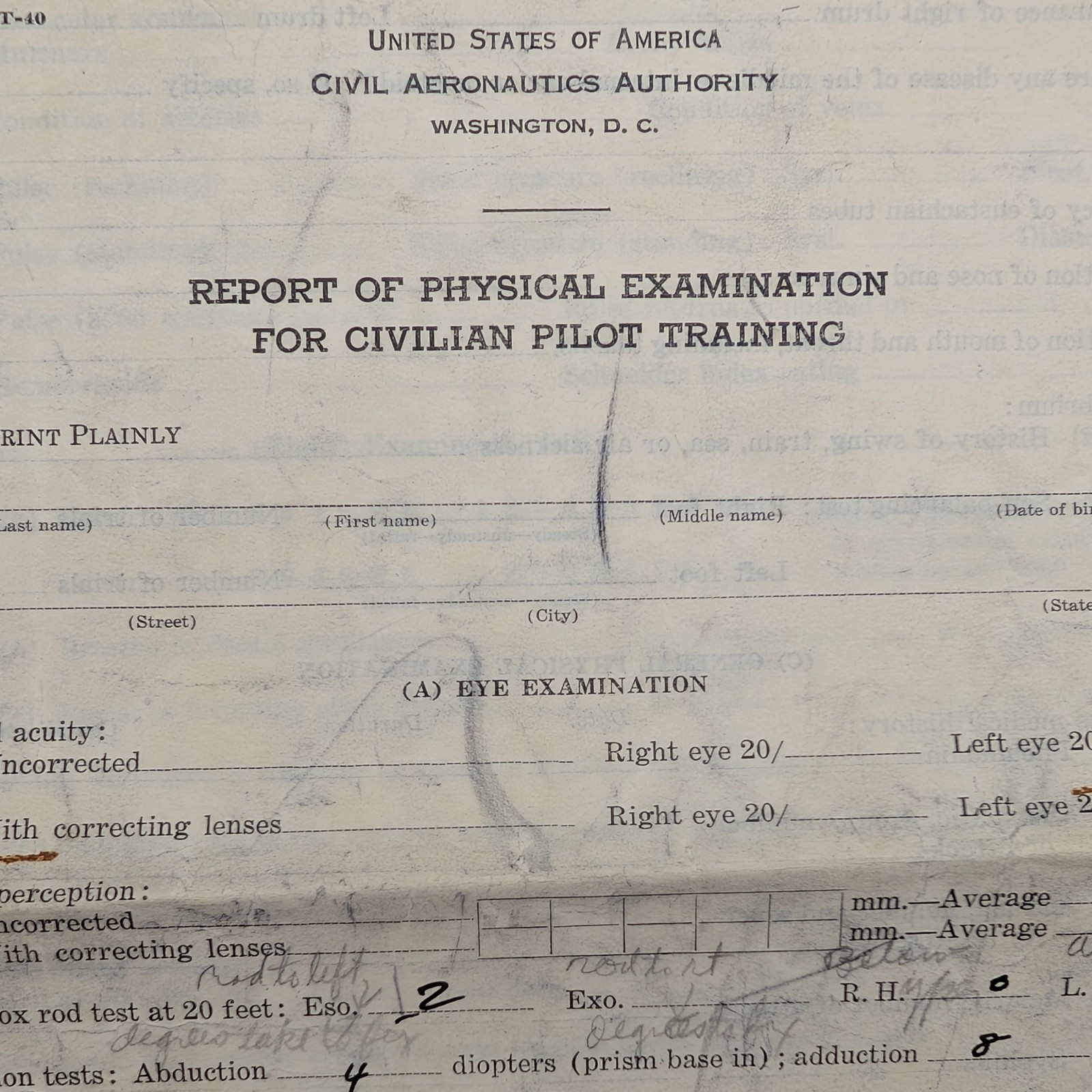 c1940s Civil Aeronautics Authority Pilot Physical Exam Form CPT-40 Blank CAA Gov